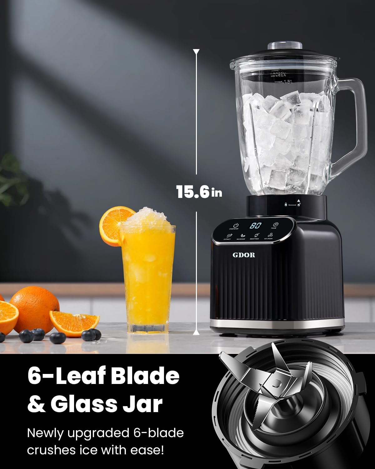 GDOR Professional Blender for Smoothies, 5 Functions, 1200 Peak Watts Smoothie Blender, 52 Oz Glass Jar & 24 Oz To-Go Cup Combo, Blenders for Smoothies, Ice and Frozen Fruit, Self-Cleaning