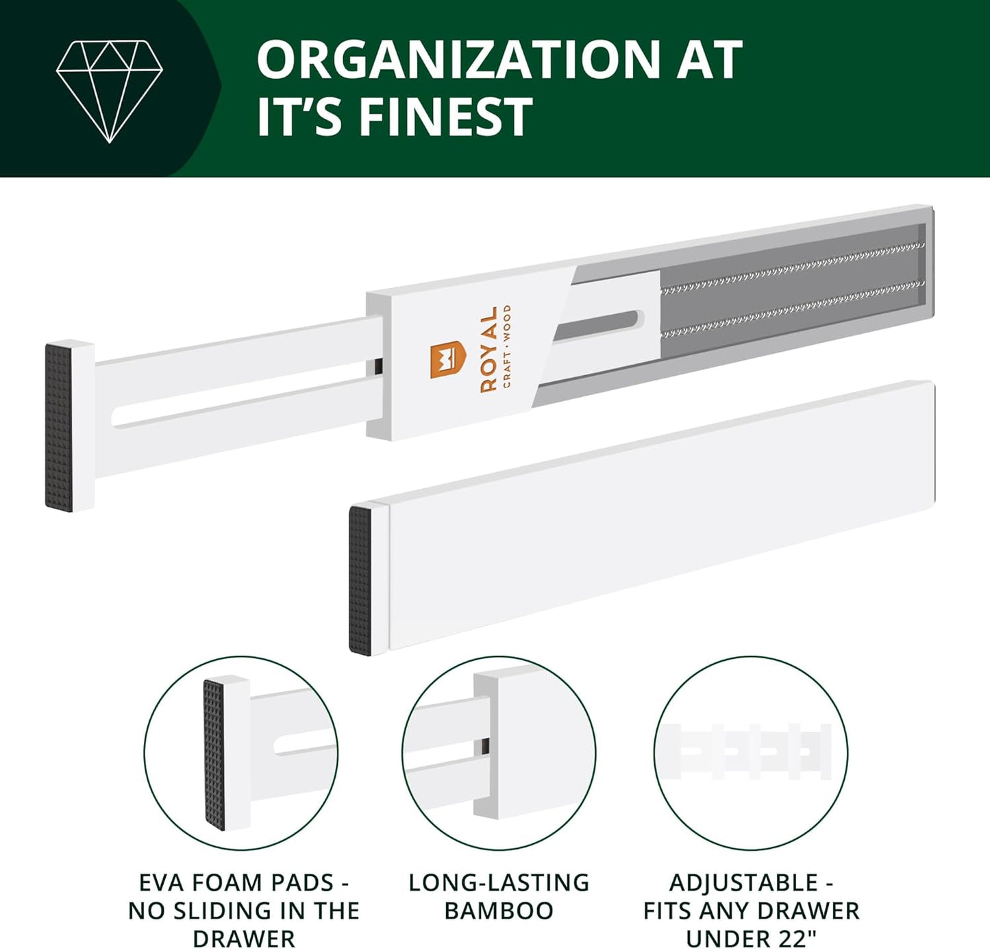 ROYAL CRAFT WOOD Adjustable Bamboo Caddy Expandable Drawer Organization Separators For Kitchen, Dresser, Bedroom, Bathroom and Office, 4-Pack (Large (up to 22)), White