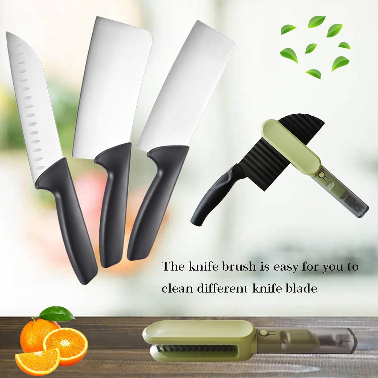 Knife Blade Brush with Long Handle and Lid Integrate Knife Sharpener and Gap Cleaning Brush, Double Side Bristle Scrubber for Kitchen knife Blade Chopsticks Dish Cutlery Fork Spoon's Washing