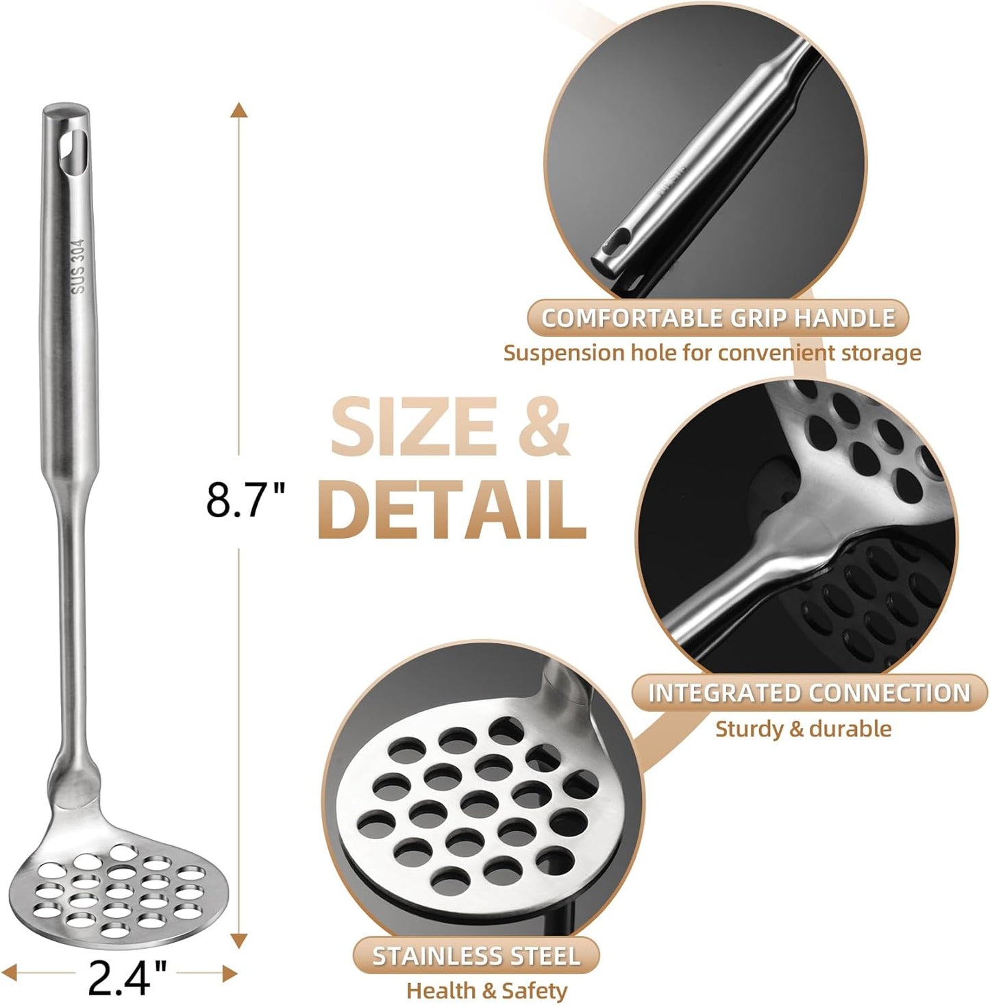 Potato Masher Stainless Steel Small, Mini Avocado Masher, Manual Potatoes Smasher Kitchen Tool for Avocado, Potatoes, Beans, Vegetables, 8.7Inch Metal Mashing Utensil, Dishwasher Safe