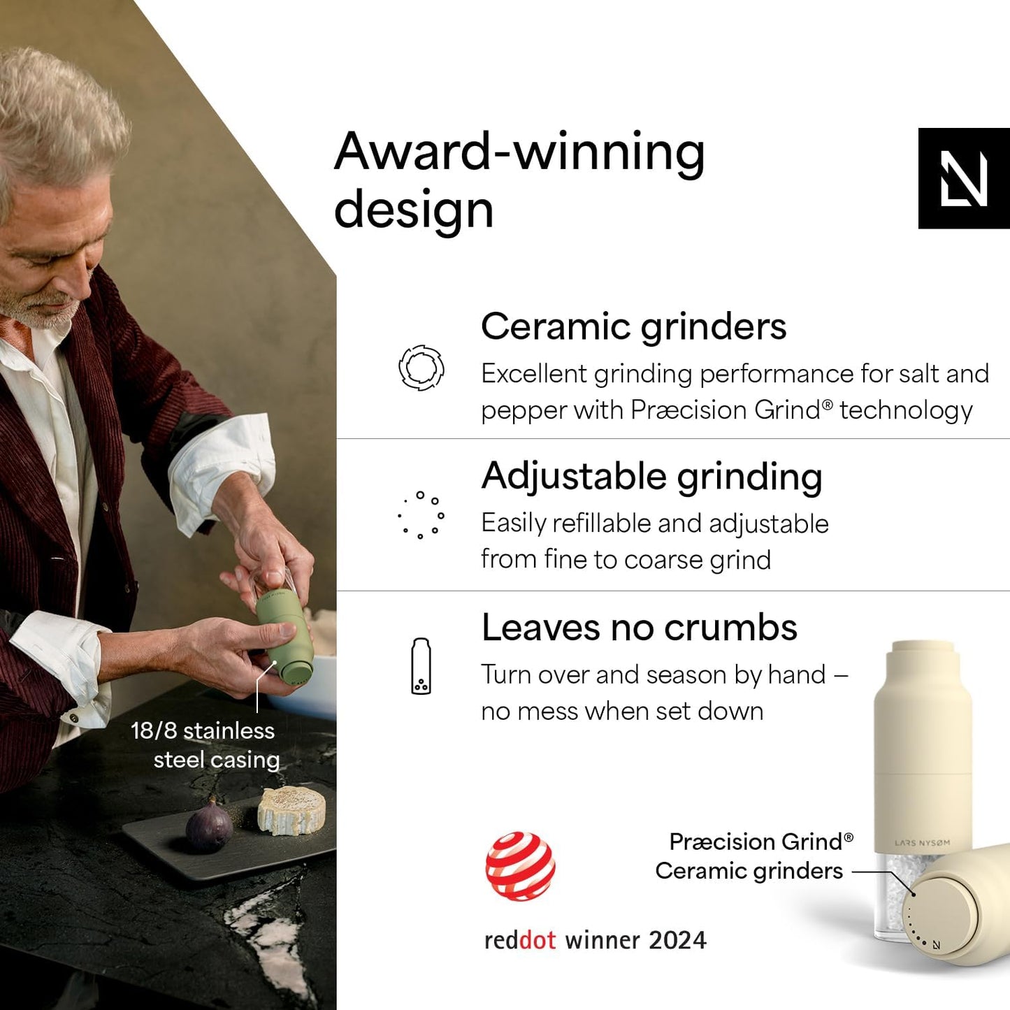 LARS NYSØM Salt and Pepper Grinder Set, Stainless Steel Manual Salt and Pepper Mills, Adjustable Ceramic Grinder, Design Spice Shakers (Almond Beige)