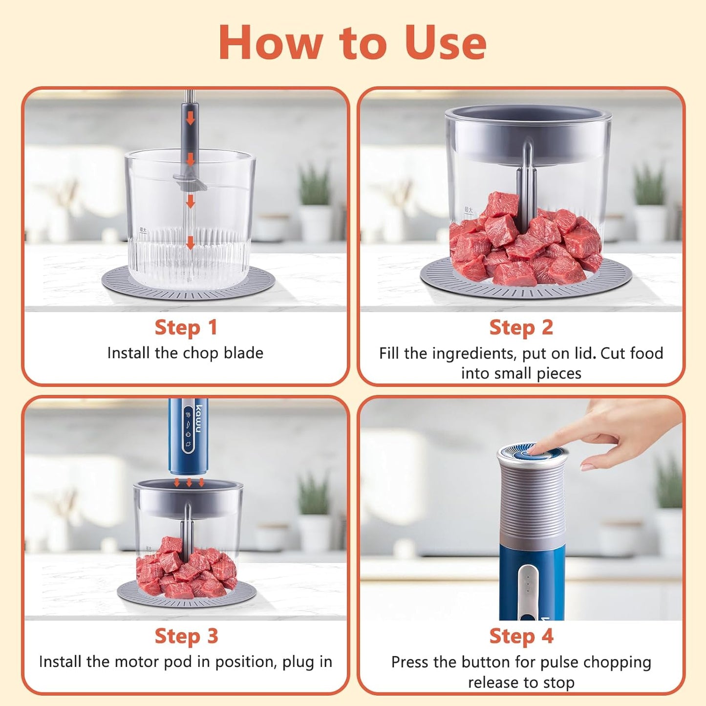 Kawu Portable Food Processor, Electric Food Chopper with 2 Bowls (2 Cups+3x 0.4 Cup), 2 Stainless Steel Blades, USB Rechargeable, One-Button Wireless Meat Grinder & Vegetable Chopper for Kitchen, Home