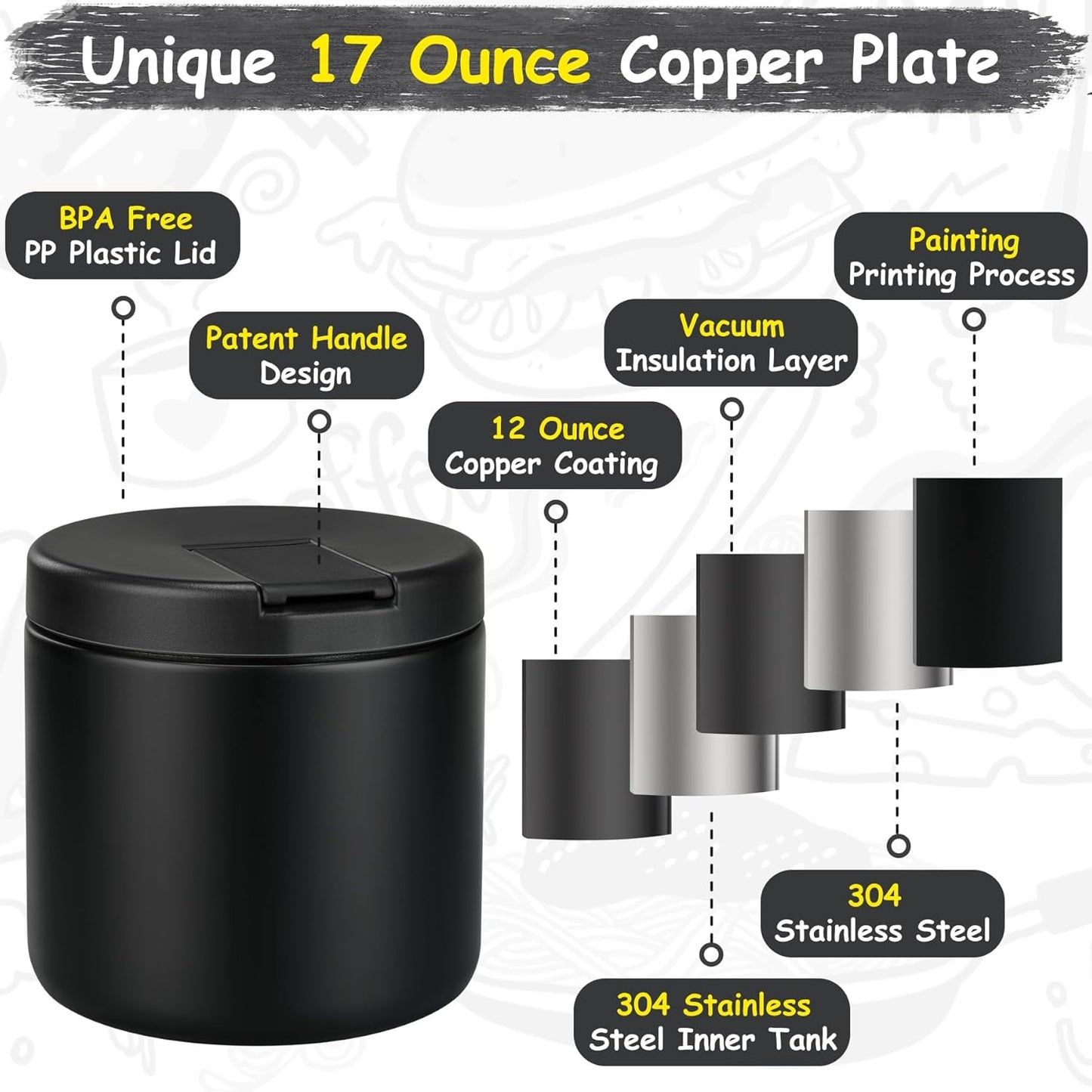 19oz Insulated Vacuum Food Jar with Buckle Lid Wide Mouth Soup Thermo for Hot Food Kids Leakproof Stainless Steel Lunch Container- Black-1Pack