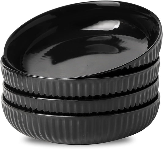 Hasense Pasta Bowls Set of 4, 30 oz Porcelain Dinner Bowls, Salad Bowls for Kitchen, Wide and Shallow Plates, Ideal Home Decor for Mother's Day Present, Microwave & Dishwasher, Oven Safe, Black