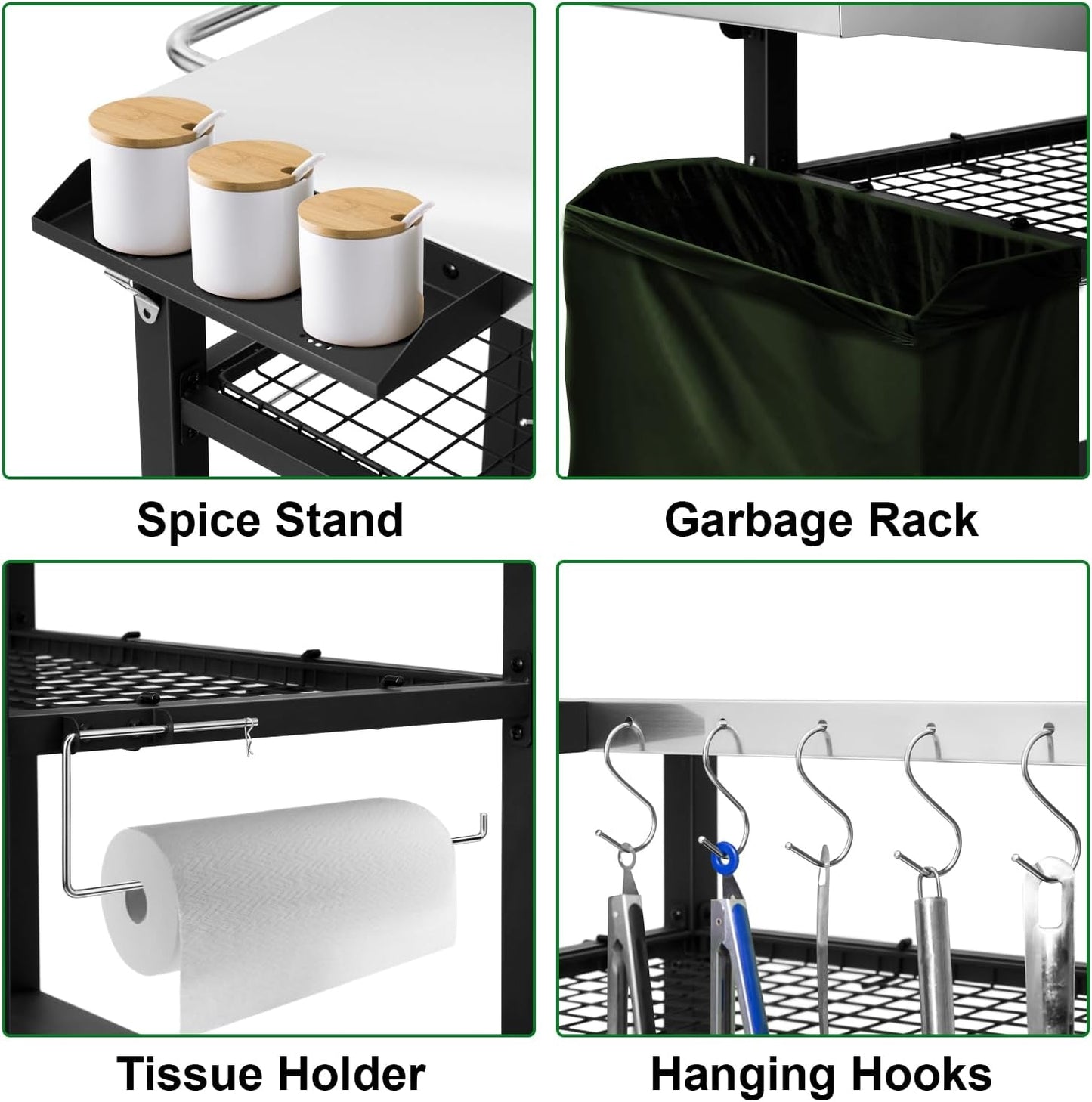 EDOSTORY Outdoor Grill Cart Pizza Oven Stand, Three-Shelf Stainless Steel Food Prep Table Patio BBQ Grill Table Bar Cart Kitchen Island with Wheels