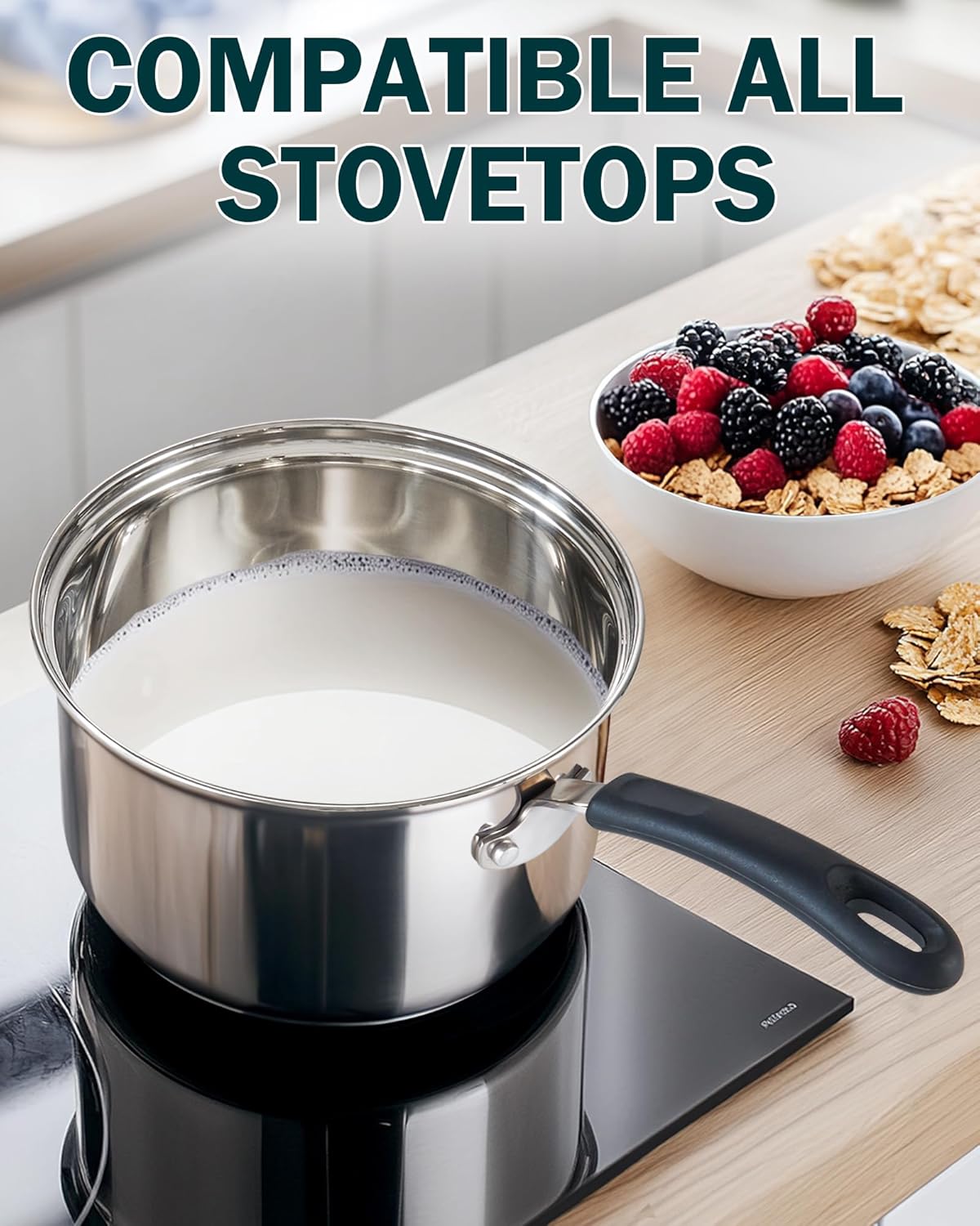 Cook N Home Saucepan Set Sauce Pot With Lid 1QT and 2QT Stainless Steel, Stay Cool Handle, silver