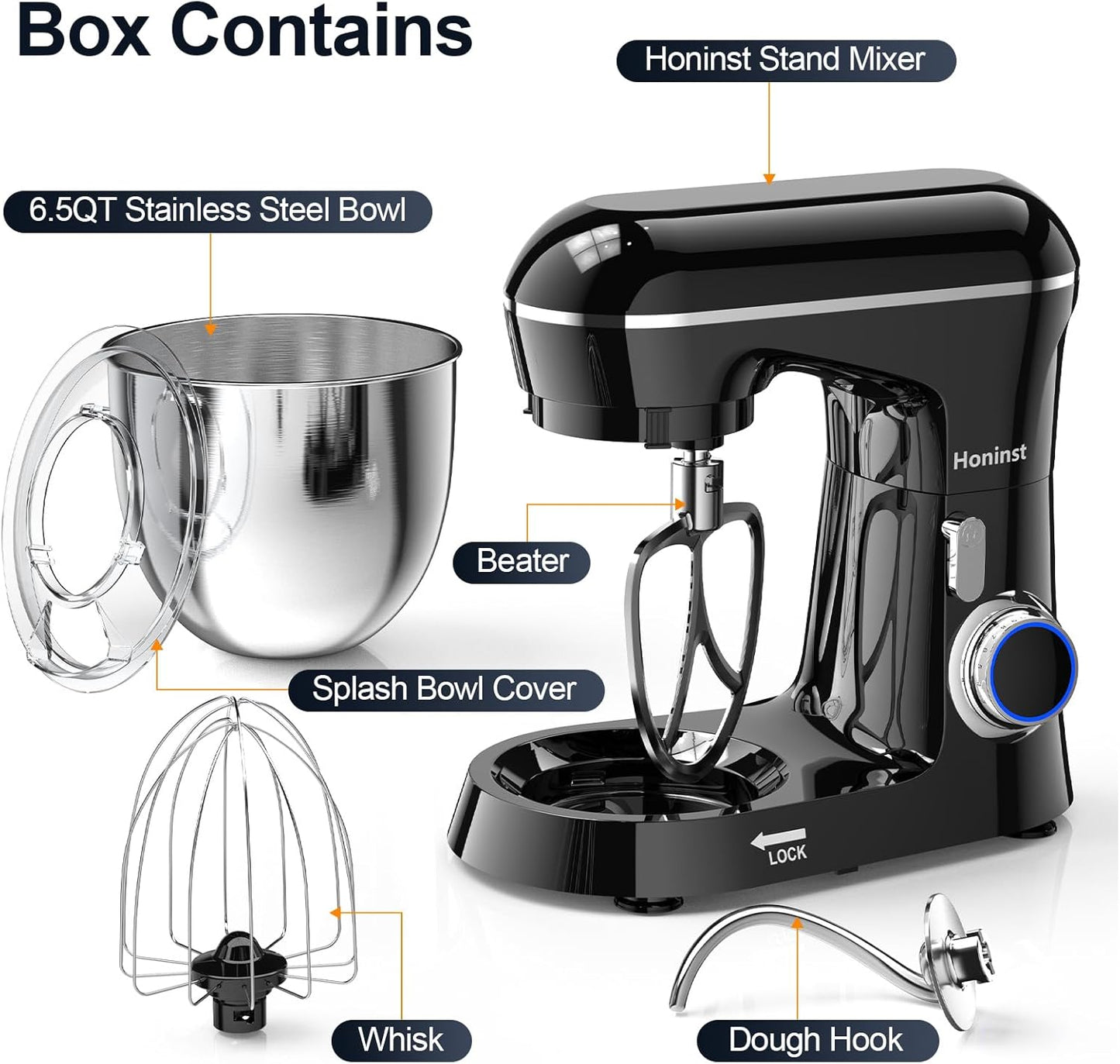 Stand Mixer, 6.5QT 10-Speed Tilt-Head Electric Stand Mixer, 3-In-1 Kitchen Mixer with Bowl, Dough Hook, Whisk and Beater, Food Mixer for Baking, Cake and Most Home Cooks, Black