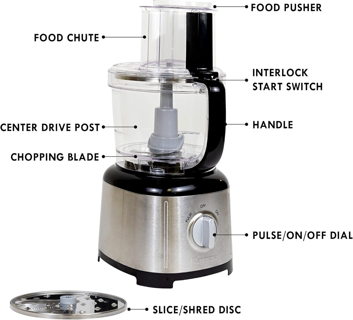 Kenmore 11 Cup Food Processor - Vegetable & Fruit Salad Cutter, Multifunctional, 500 W, Chopper, Slicer, Mincer, Puree, Grater, Blades, Shredder, Compact Stainless Steel Kitchen Appliances, Black