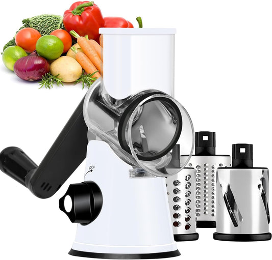 Ourokhome Rotary Cheese Grater Hand Crank, Kitchen Shredder Speed Mandolin Slicer Nuts Grinder with Handle and Drum Blades for Cheese, Vegetable, Walnuts, Chocolate, Potato, 3 Blades, White Black