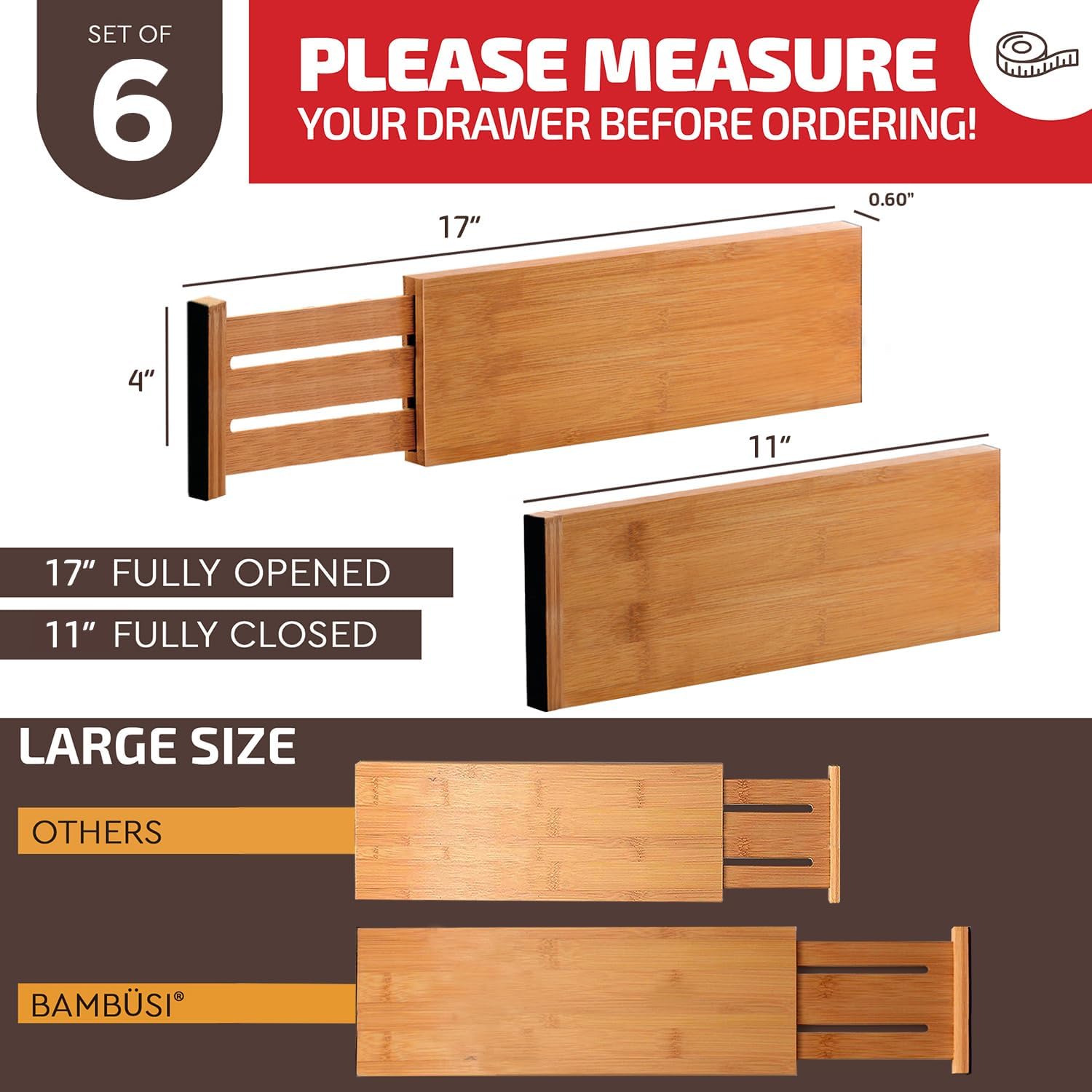 Large Kitchen Drawer Organizer - Expandable Bamboo Drawer Dividers (17" - 21.5") - Adjustable Separators for Kitchen, Clothes, Dresser, Bedroom, Bathroom, and Desk Drawers - 6 Pack - Thumbnail 5