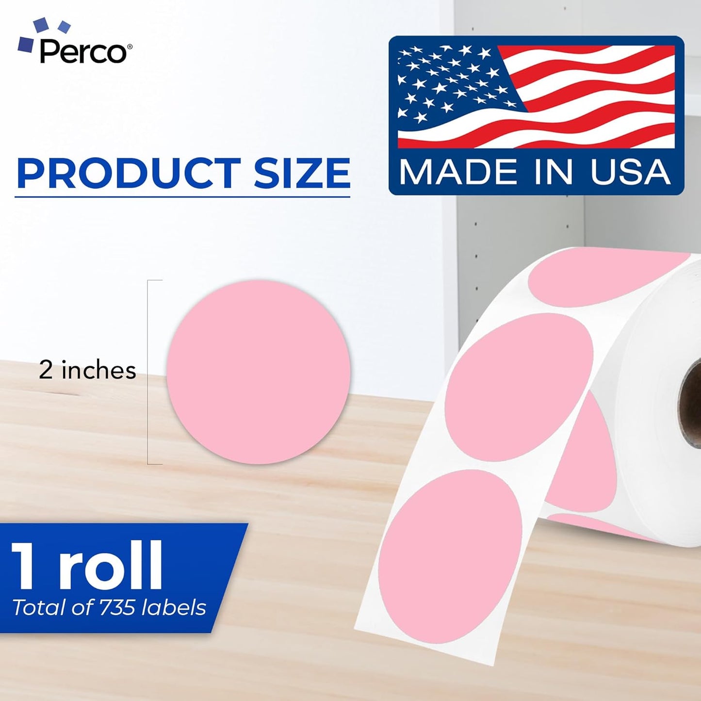 Perco Pink 2-Inch Perforated Circle Dot Thermal Sticker Labels — 735 Stickers/Roll, Direct Thermal Printer Compatible—with Permanent Adhesive for Organizing, Color Coding, Bin Labeling—Made in USA