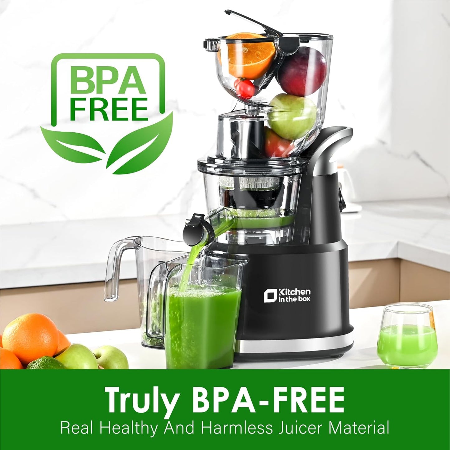 Cold Press Juicer Machines, Kitchen in the Box Slow Masticating Juicers Machine,3.26inch Large Wide Feed Chute Fit Whole Fruits & Vegetables,BPA Free,Easy to Clean (Bright Black)