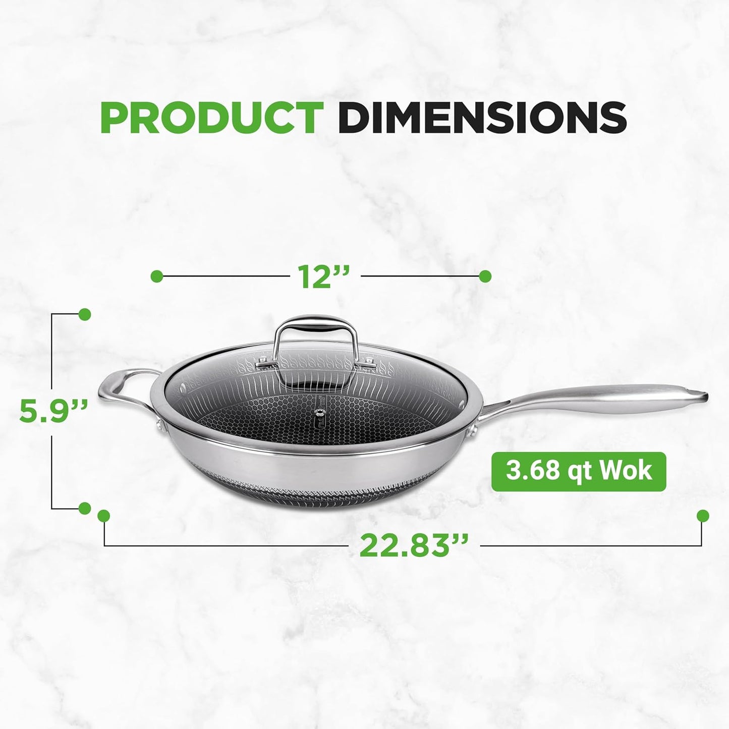 NutriChef 12" Stainless Steel Wok - Induction ready, Non Stick Tri-ply technology, Scratch-resistant Honeycomb Fire Textured Pattern