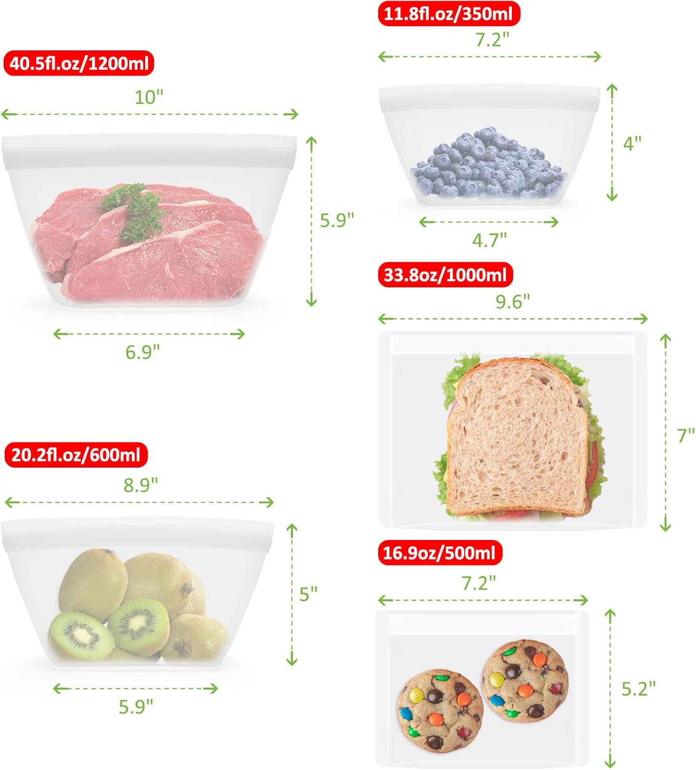 Silicone Bags for Food Storage, Reusable Zip Lock Bags Silicone Food Storage Containers, Freezer Microwave Oven Dishwasher Safe, Plastice BPA-Free 5 Pack (40oz 20oz 12oz 17oz 34oz)