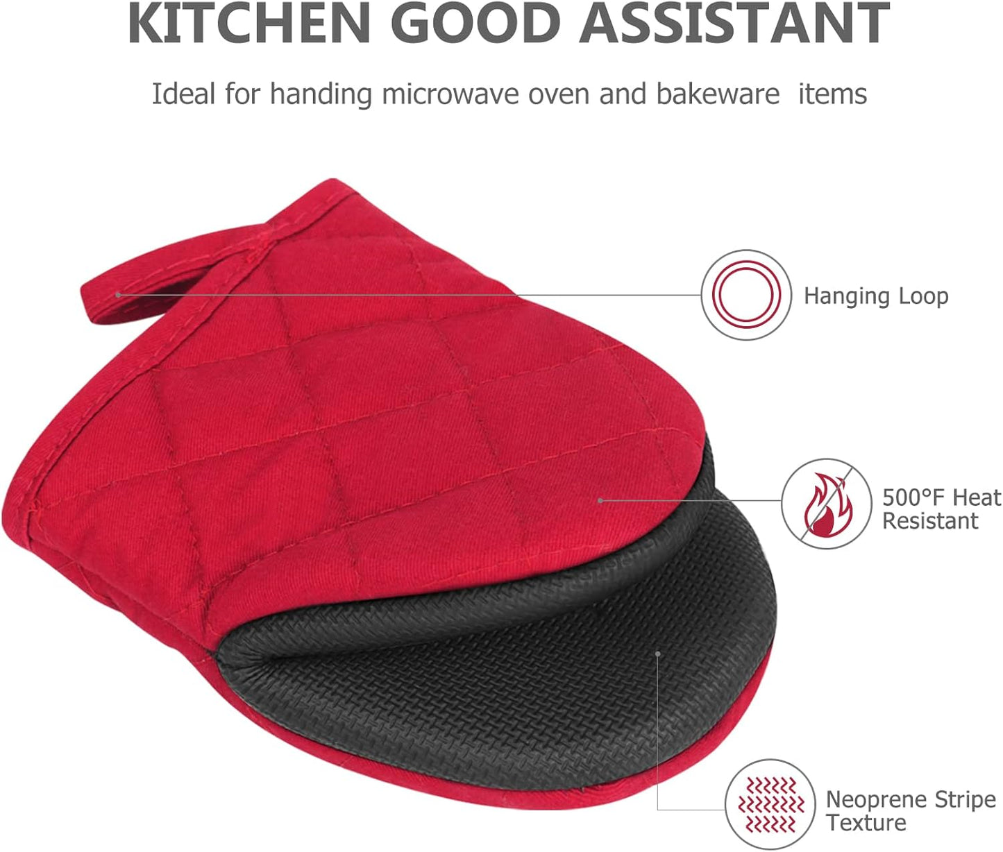 Qulable 1 Pair Short Oven Mitts - Silicone Kitchen Oven Gloves High Heat Resistant 500℉, Mini Oven Mits with Non-Slip Grip Surfaces and Hanging Loop for BBQ, Baking, Cooking and Grilling (Red)