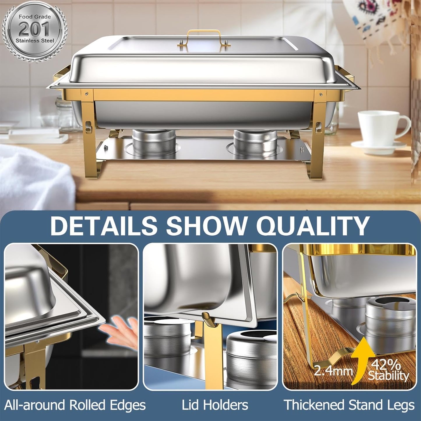 SIOTMERA 9QT Chafing Dishes for Buffet 4 Pack, Multiple Food Pans Thickened Stable Stainless Steel Chafing Dish Buffet Set, Rolled Edge Design Food Warmers for Party Catering Weddings, Gold and Silver