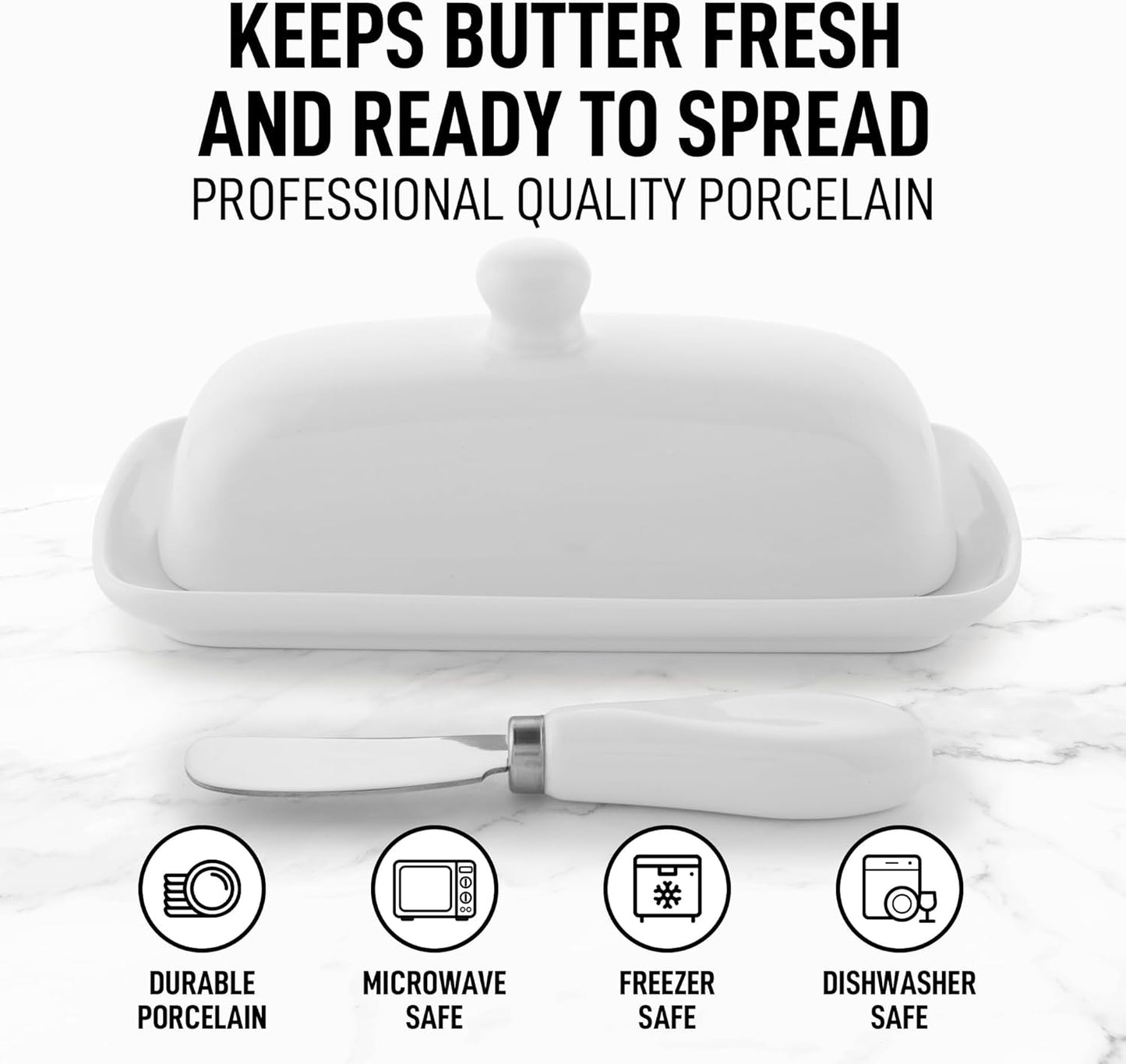 Zulay Butter Dish With Lid For Countertop - Porcelain White, Ceramic Butter Dish with Knob Handle Great for Cooking - Elegant Design Butter Holder - Durable & Sturdy Butter Keeper - White