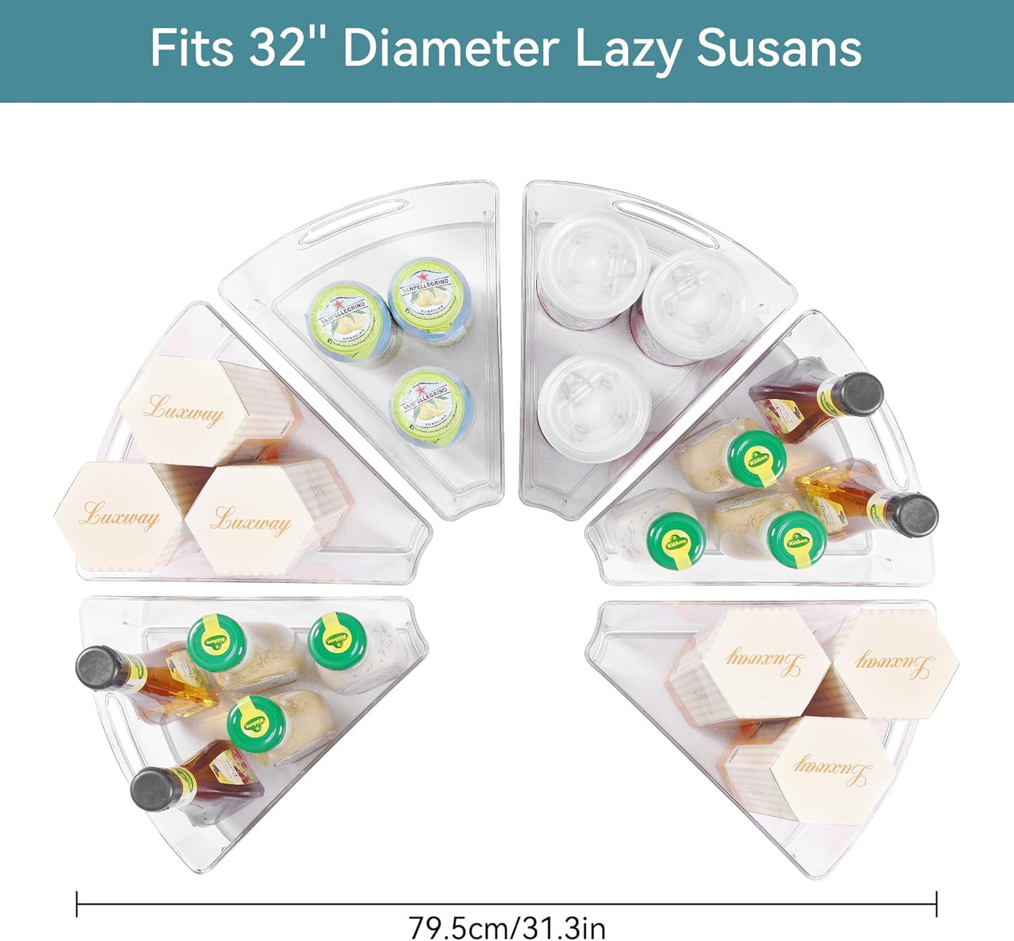 Oubonun Lazy Susan Organizers Set of 6, 12.8’’ x 11.7’’ x 4’’ Plastic Transparent Kitchen Cabinet Storage Bins with Handle, 4" Deep Container, 1/8 Wedge - Food Safe, without BPA