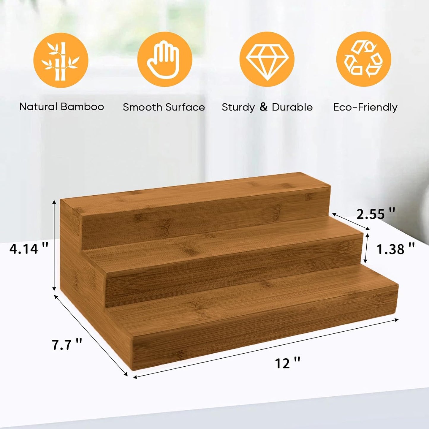 Bamboo Spice Rack Organizer for Cabinet 3 Tier Countertop Step Spice Shelf for Kitchen Storage and Organizer (Brown - 2 Pack)