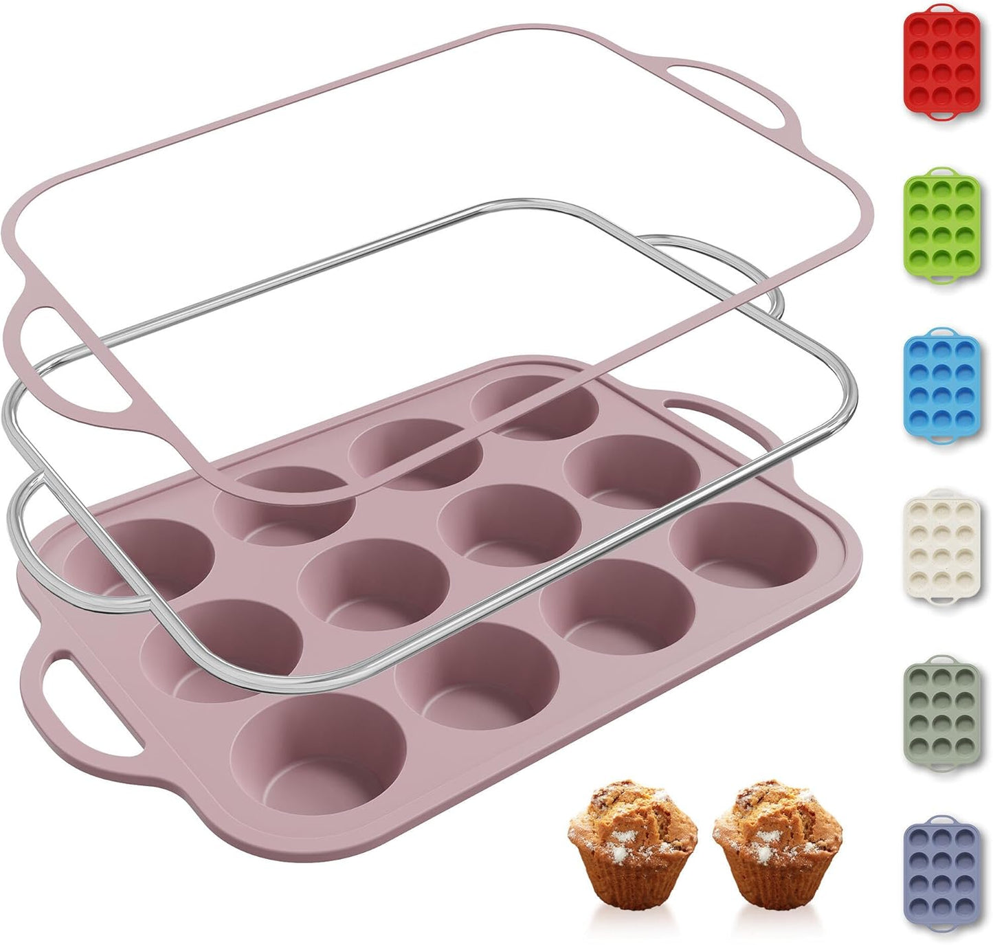 12 Cups Silicone Muffin Pan with Metal Reinforced Frame Regular Size Cupcake Pan Tray Egg Bites Silicone Cookie Molds Muffin Tin Best Baking Pans Tart Pan Sheet Set Reusable Cupcake Liners