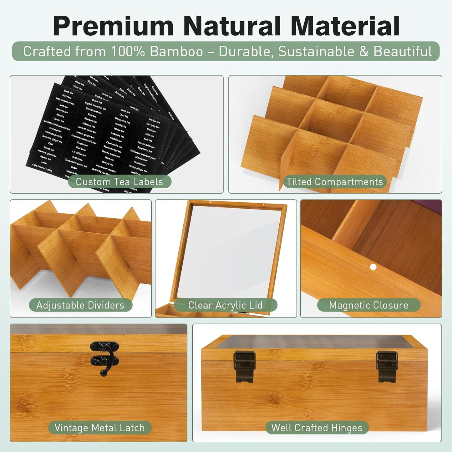 Wood Tea Bag Organizer Tea Storage Box with Clear Acrylic Top Window & 9 Compartments Tea Bag Holder for Home Office Gift (Brown)