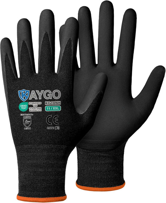 KAYGO Safety Work Gloves MicroFoam Nitrile Coated, 3 Pairs KG18NB,Seamless Knit Nylon Glove with full fingers Touchscreen, Ideal for Automotive,Warehouse,Construction (2XL, Black)