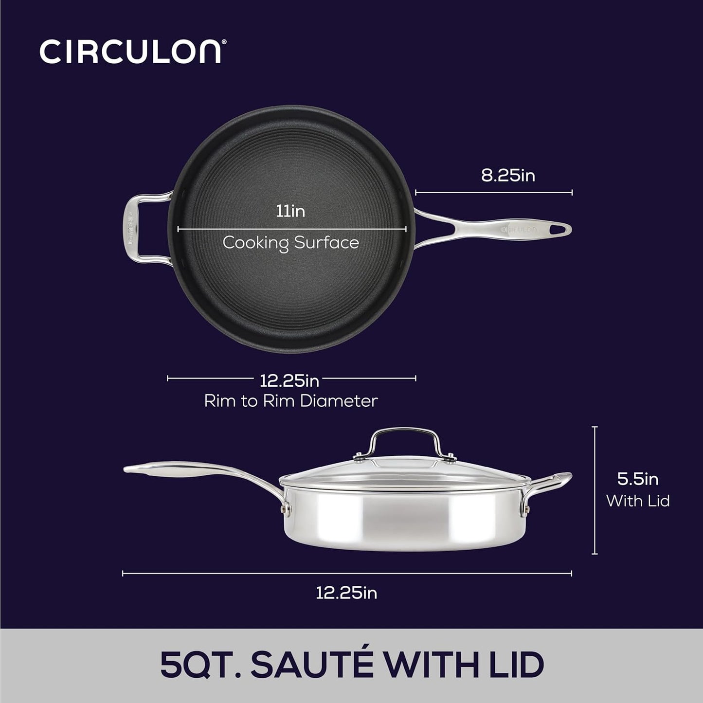 Circulon C1 Series Clad Stainless Steel with ScratchDefense Technology Cookware Nonstick Induction Saute Pan with Lid and Helper Handle, Metal Utensil Safe, 5 Quart - Polished Stainless Steel