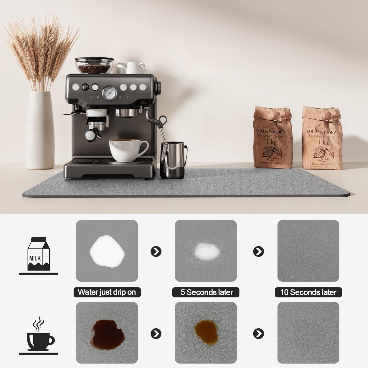 Dish Drying Mat for Kitchen Counter | Coffee Bar Mat for Countertops | Heat Resistant Drainer Mat with Non-slip Rubber Backed | Hide Stain Kitchen Absorbent Draining Mat | Grey 16"x20"