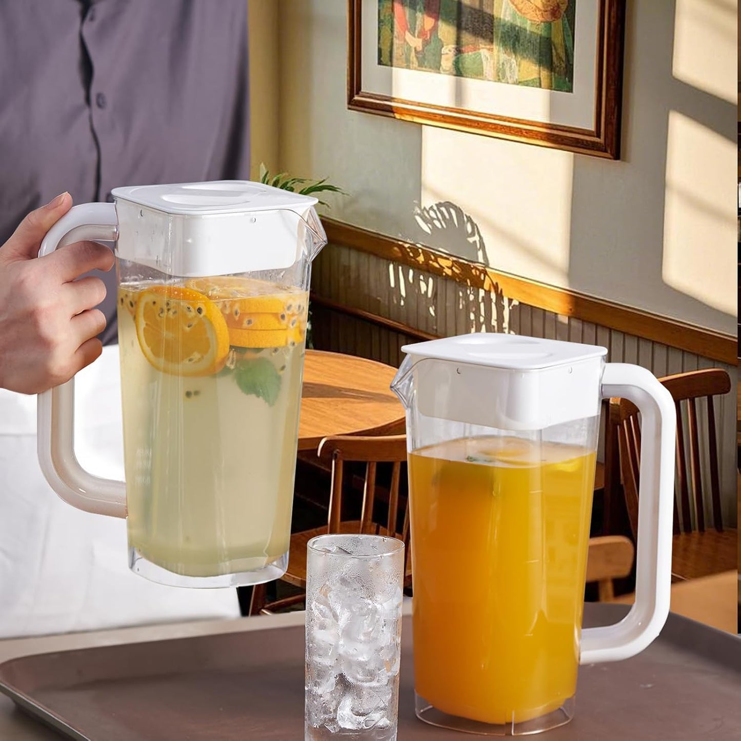 CURTA 2 Pack Plastic Pitcher with Lid, 2L Heavy-Duty Shatterproof Pitchers Clear Water Pitcher with Handle for Lemonade, Coffee,Iced Tea, Milk, Juice, Beverages