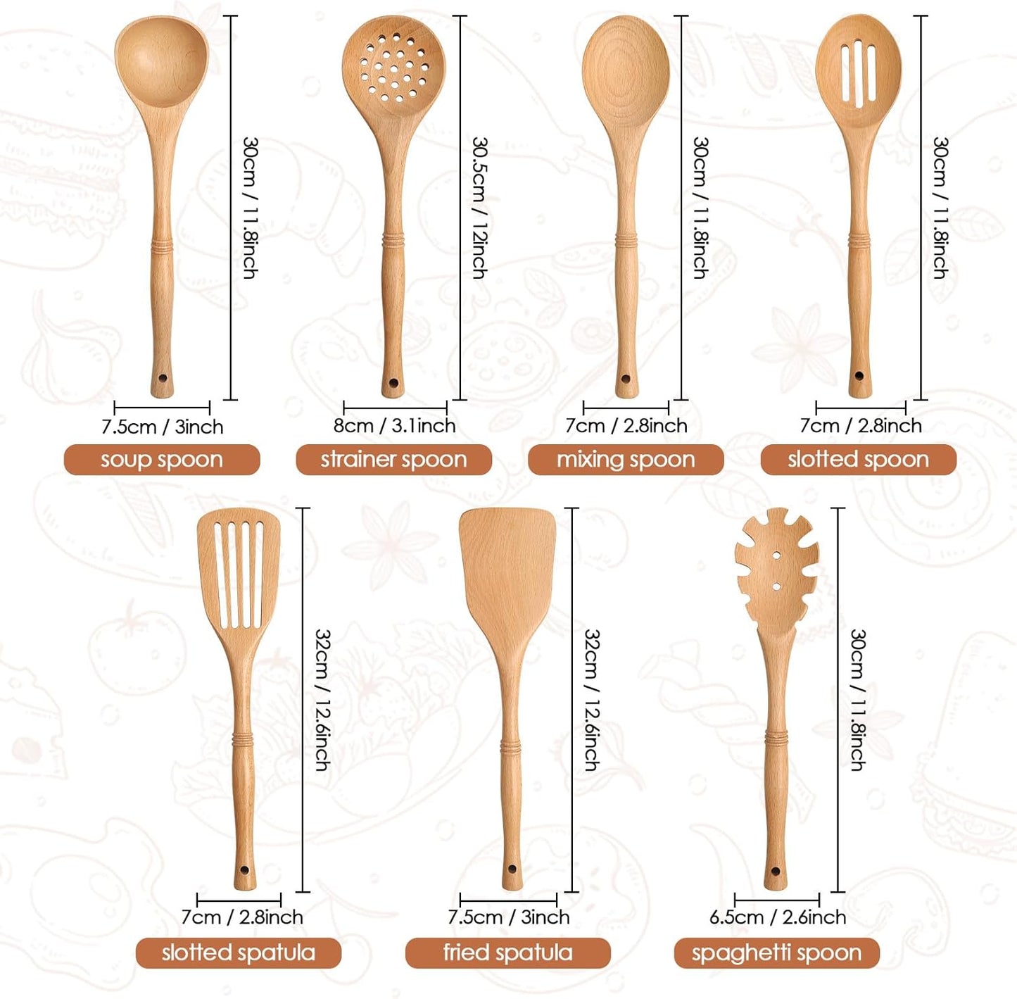 comfoyar Wooden Spoons for Cooking, 7 Pieces Kitchen Cooking Utenails Set with Spatula and Ladle, Heat Resistant Kitchen Cookware for Nonstick Pan-Beech