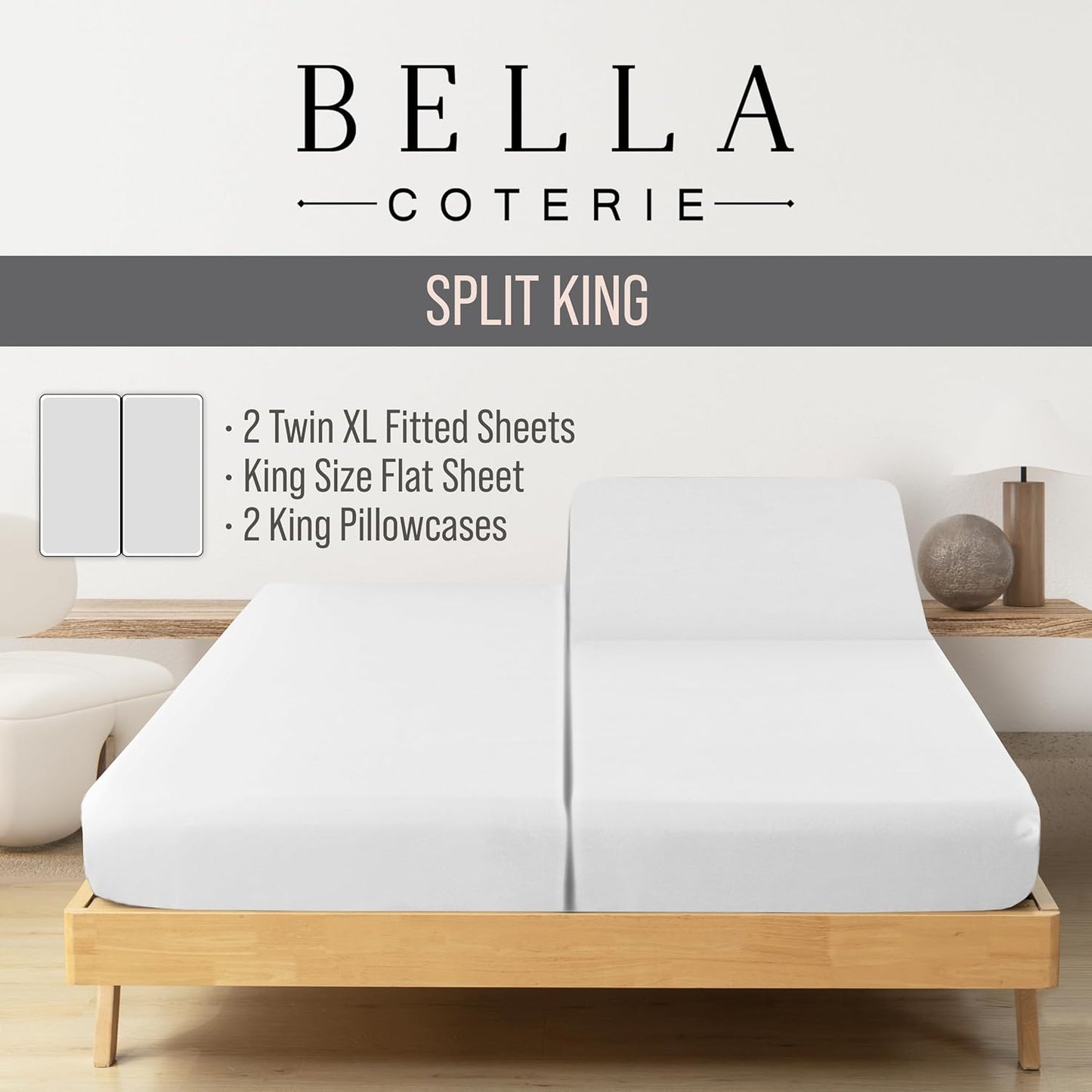 Bella Coterie Luxury Bamboo Viscose Split King Size Sheet Set | 100% Organically Grown | Ultra Soft | Cooling for Hot Sleepers | 18" Deep Pocket [White]