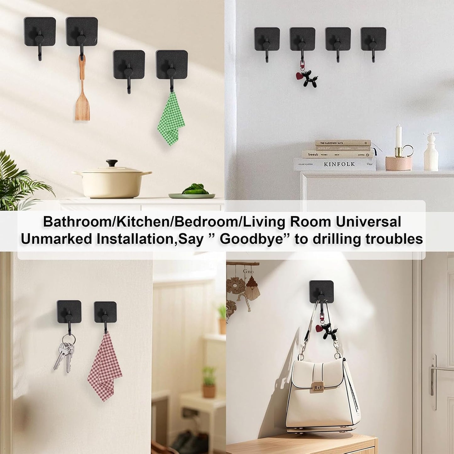 Aluminum Wall Hooks, No Drill Damage-Free Adhesive Hook,Product for Hanging Heavy Duty for Bathroom Kitchen Home (Curved Square Black Hook, 4)