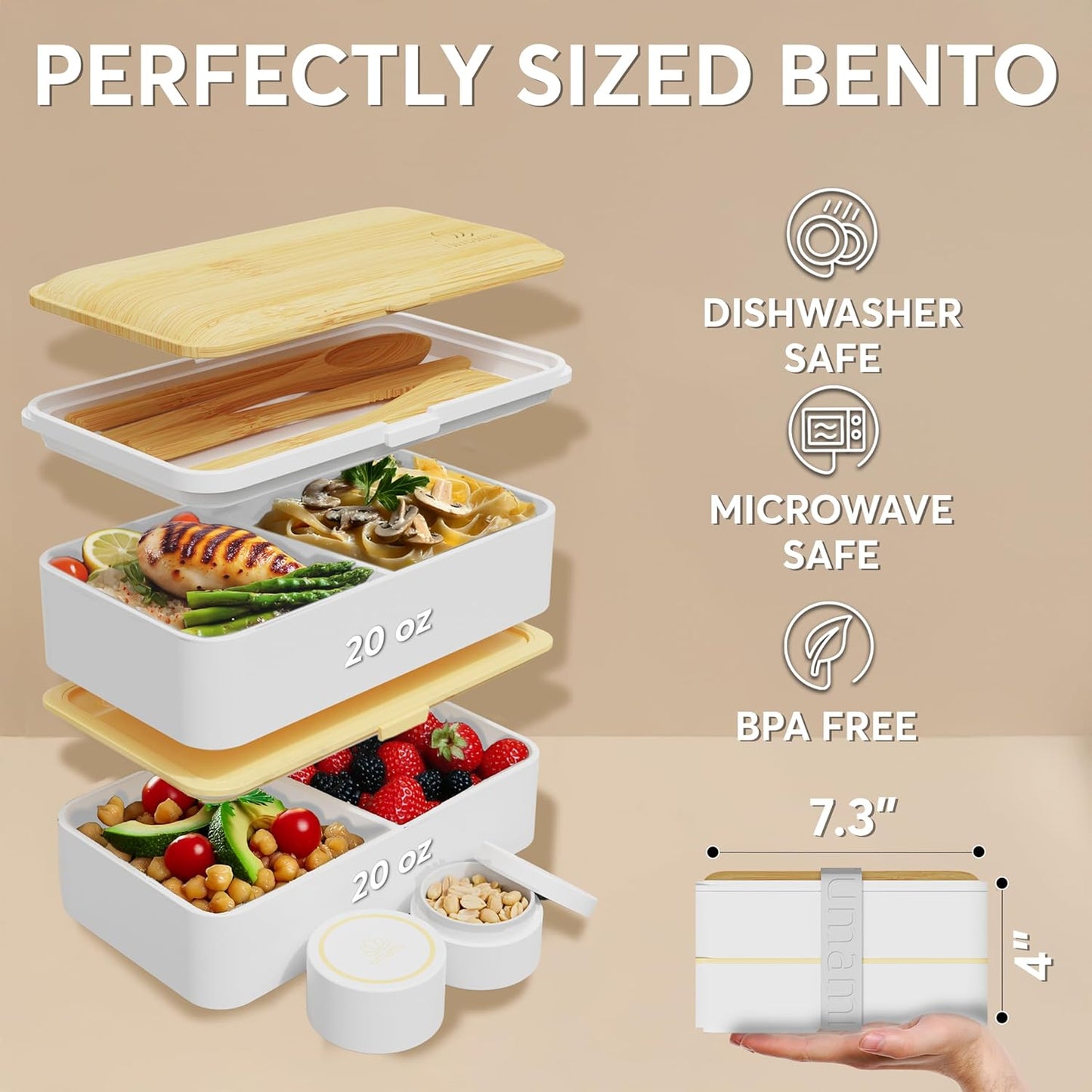 Umami Bento Box Adult All-In-1 w/4 Utensils, 2Sauce Jars, 2 Dividers, 100% Leakproof, Microwave & Dishwasher Safe, Stackable Bento Lunch Box Containers for Men/Women, White & Tan