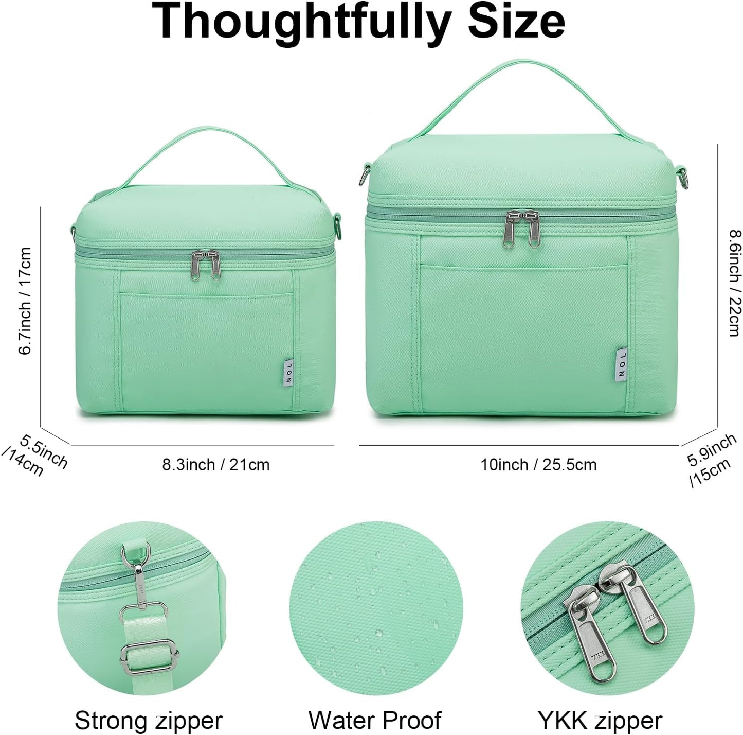 NOL Natural Organic Lifestyle Insulated Lunch Bags for Women Cooler Bag Lightweight Nylon Waterproof Lunch Box For Work (Medium(normal), Mint green)