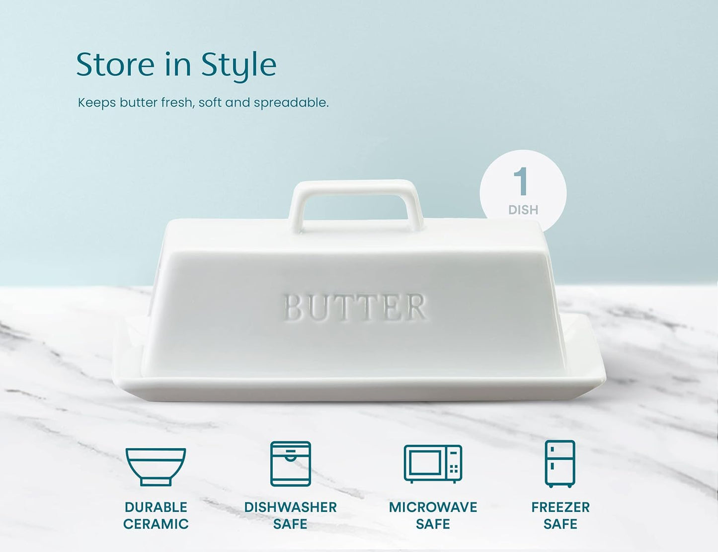Butter Dish with Lid, by Kook, Butter Dish with Lid for Countertop, Ceramic, Butter Tray, Kitchen Butter Keeper, Butter Container, Butter Holder, Holds 1 Stick, Microwave and Dishwasher Safe, White