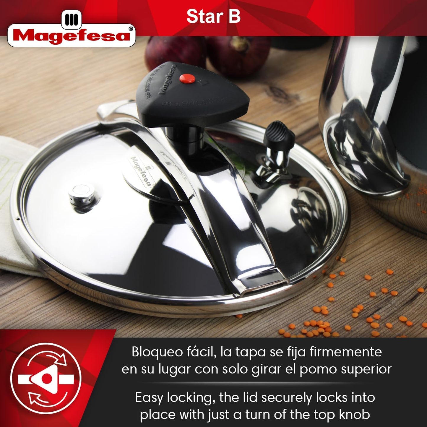 MAGEFESA Star Belly Pressure Cooker 6.3 Qt – 18/10 Stainless Steel, Rounded Bottom, 3 Safety Systems, Works on All Stovetops Including Induction, 8 PSI