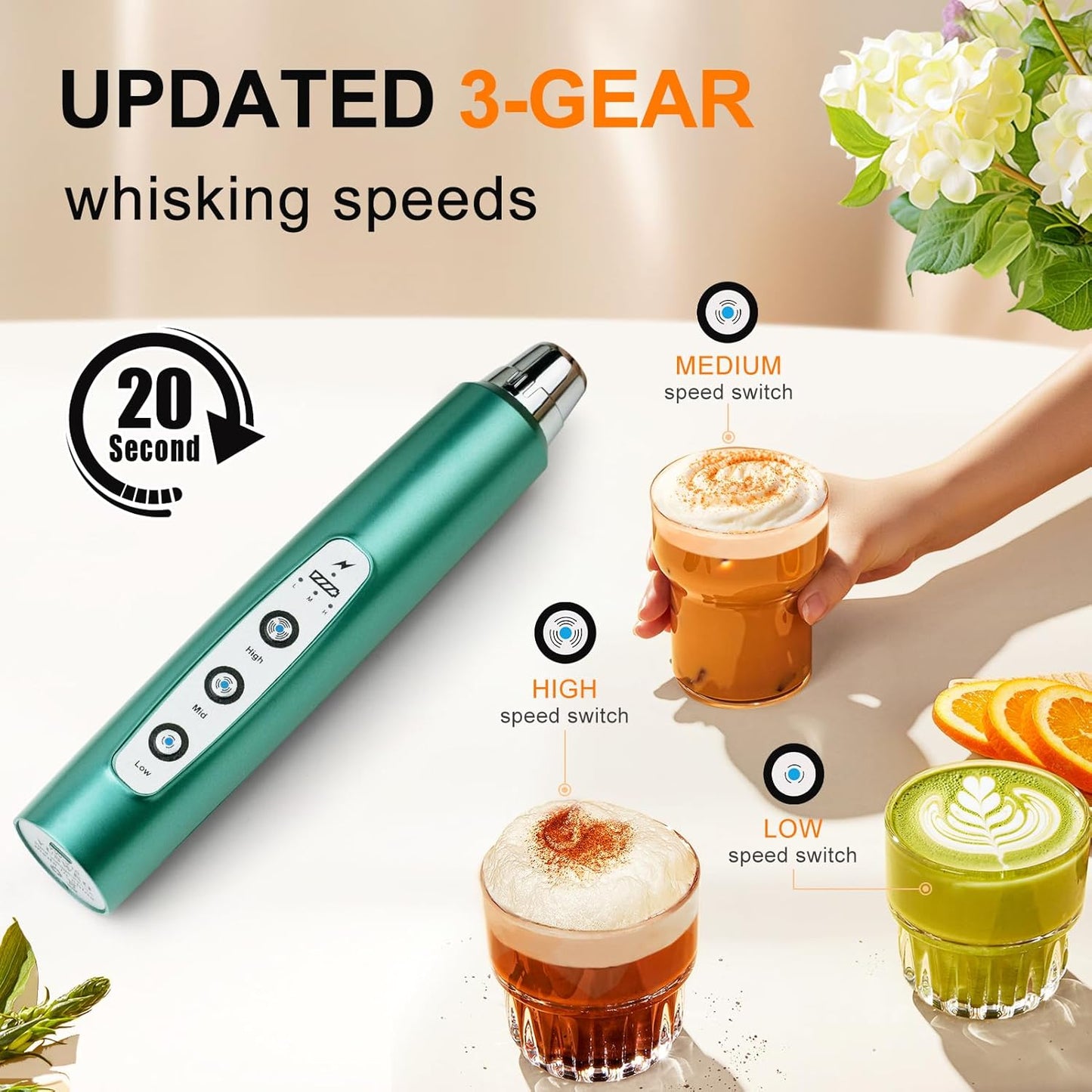 YUSWKO Green Handheld Milk Frother Wand for Coffee, Rechargeable Electric Whisk with 3 Heads 3 Speeds Drink Mixer Coffee Frother For Latte, Cappuccino, Hot Chocolate, Egg