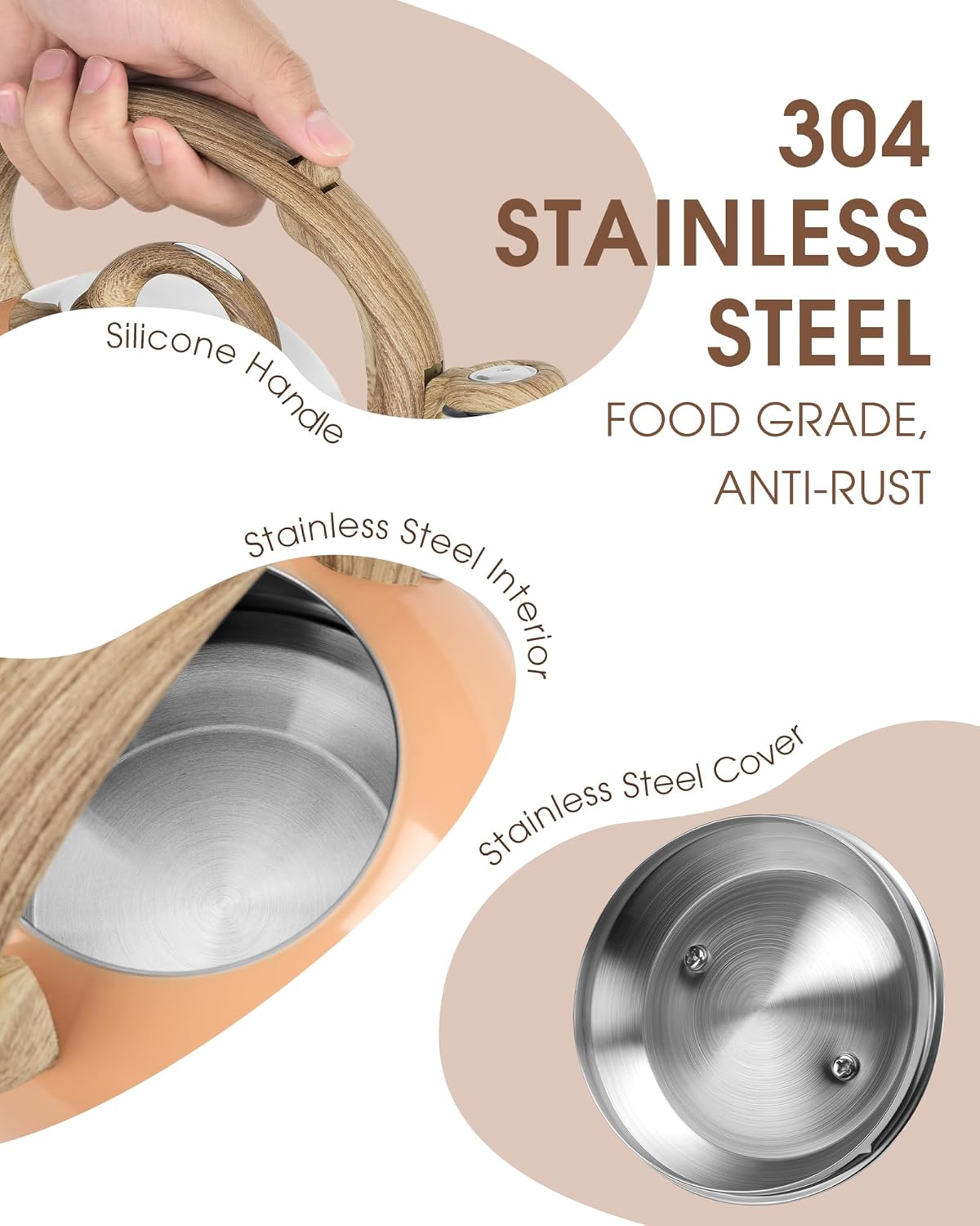 Tea Kettle Stovetop, 2.1 Quart Stove Top Whistling Tea Kettle, Teapot Kettles with Food Grade Stainless Steel and Wood Pattern Folding Handle, Suitable for All Heat Sources