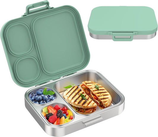 Stainless Steel Bento Lunch Box for Kids | 3-Compartment Lunch Box Container Kids | 100% Leakproof, Dishwasher-Safe, Eco-Friendly, Perfect Portion Control for Kids&Adult Healthy Meals (Green)