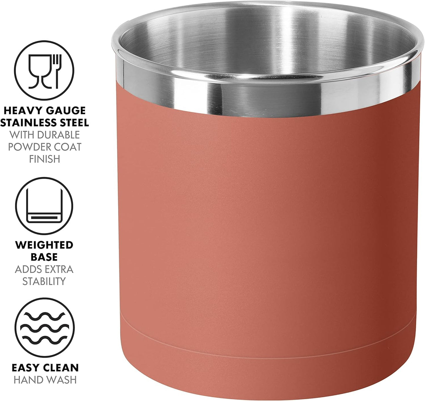 OGGI Stainless Steel Jumbo Utensil Holder - 7" Utensil Caddy, Weighted Base for Stability - Extra Large Utensil Crock and Countertop Utensil Organizer, Brick Red