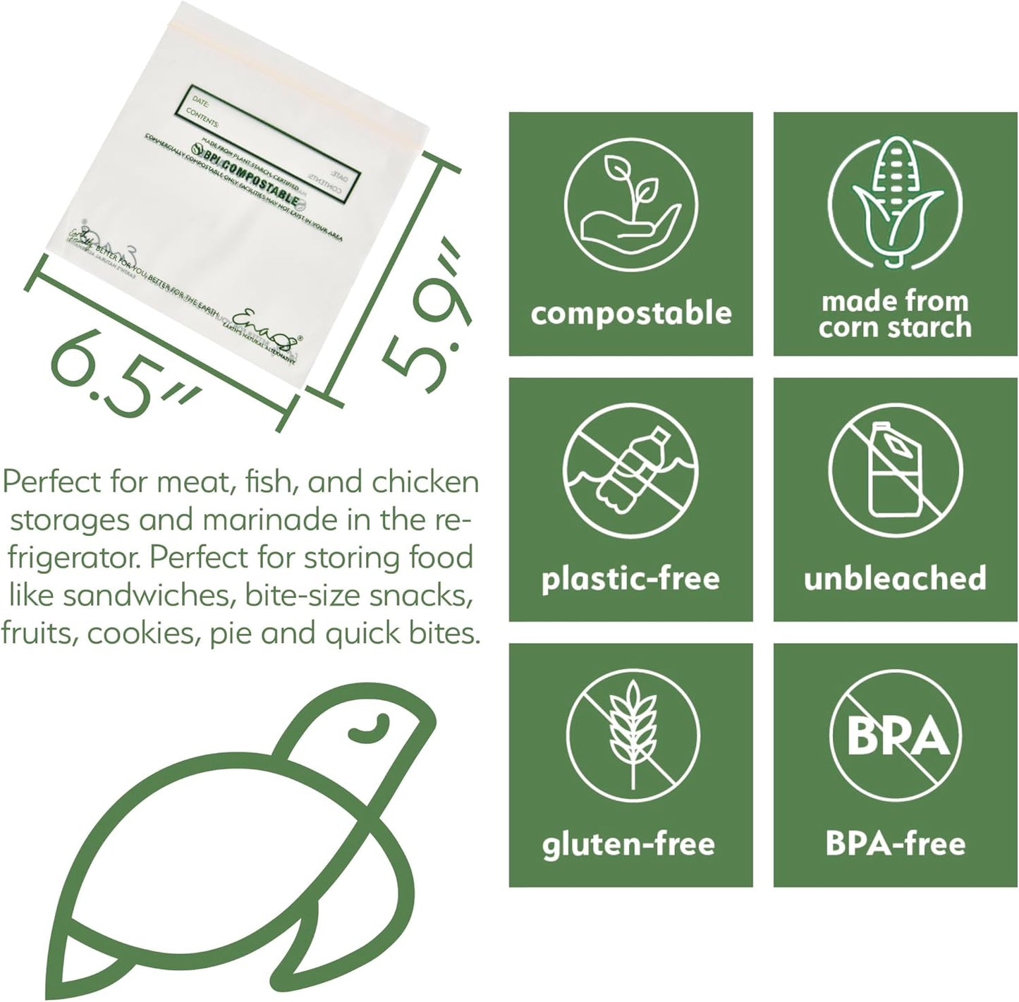 100% Compostable Food Storage Bags [Sandwich 150 Pack] Eco-Friendly Freezer Bags, Resealable Bags, Heavy-Duty, Reusable, by Earth's Natural Alternative, off white