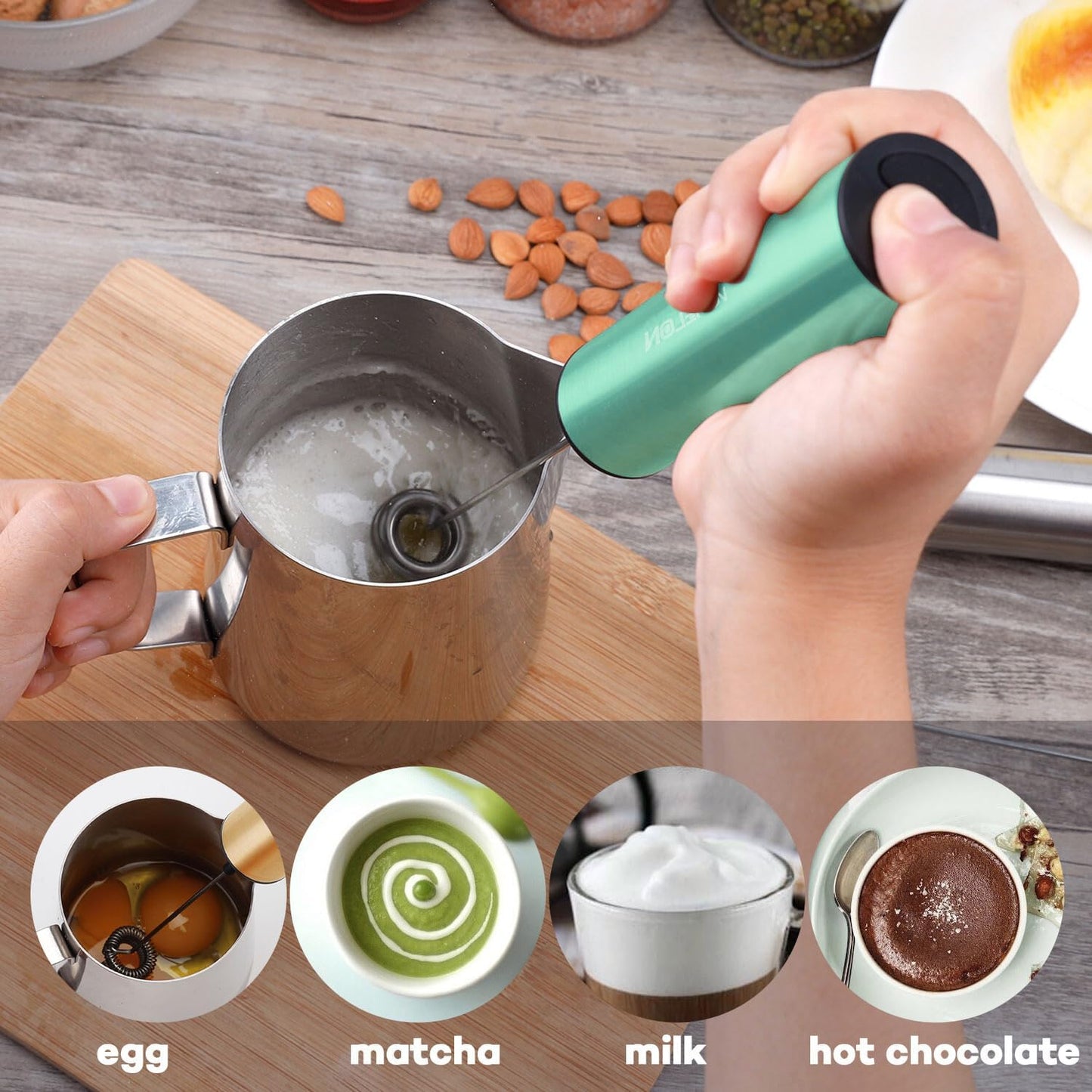 Milk Frother, Rechargeable Battery Operated Frother for Coffee,Portable Drink Mixer with 2 Stainless Steel Whisk Heads,Milk Foamer for Keto Coffee, Latte, Cappuccino, Hot Chocolate,Light Blue