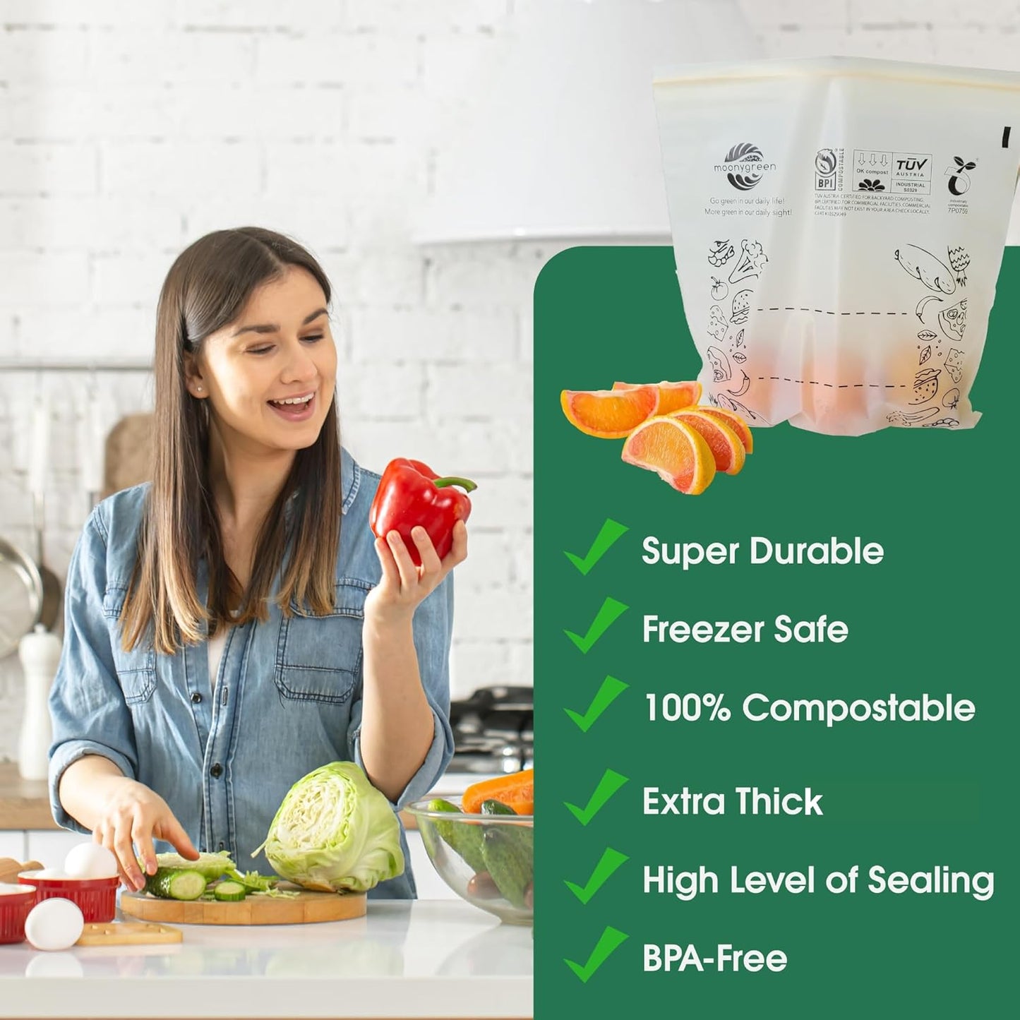 Compostable Food Storage Bags, Resealable Snack Bags, 50 Count, 6.5 x 3.7 inches, Extra Thick, Certified US BPI ASTM D6400 Europe OK Compost