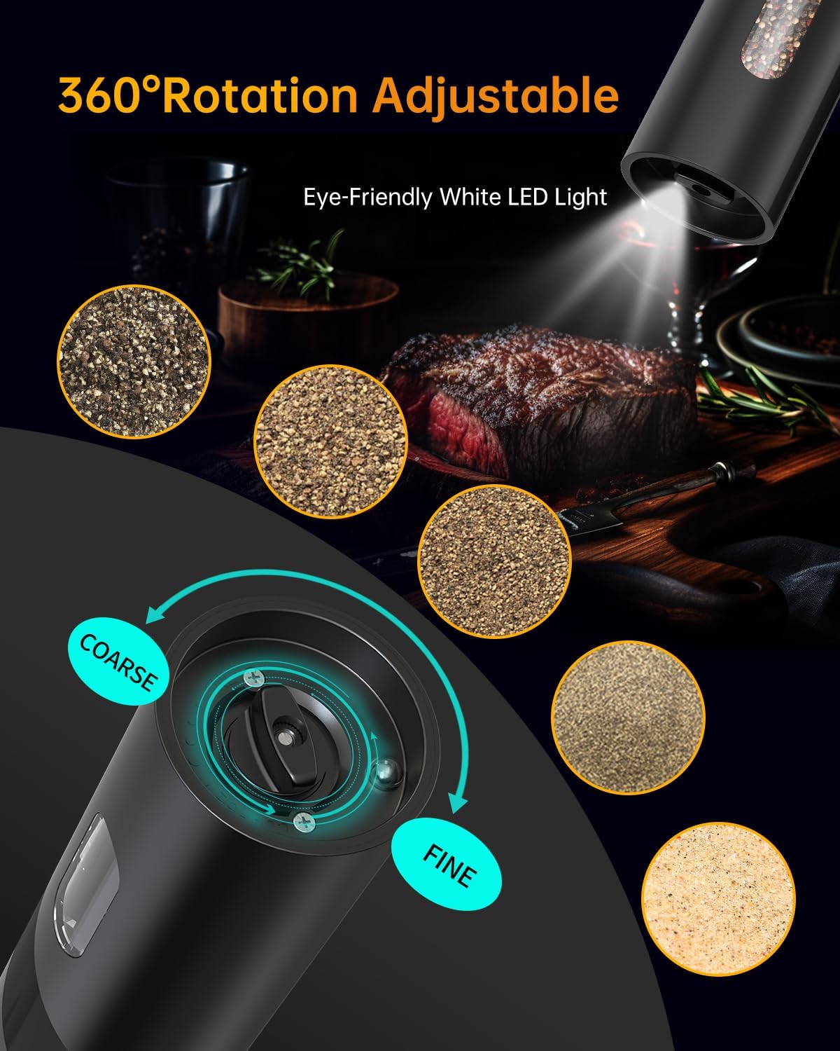 CIRCLE JOY Rechargeable Electric Salt and Pepper Grinder Set with Base, Automatic Pepper Mill Grinders with 110ml Container, Adjustable Coarseness and White LED Light, Black