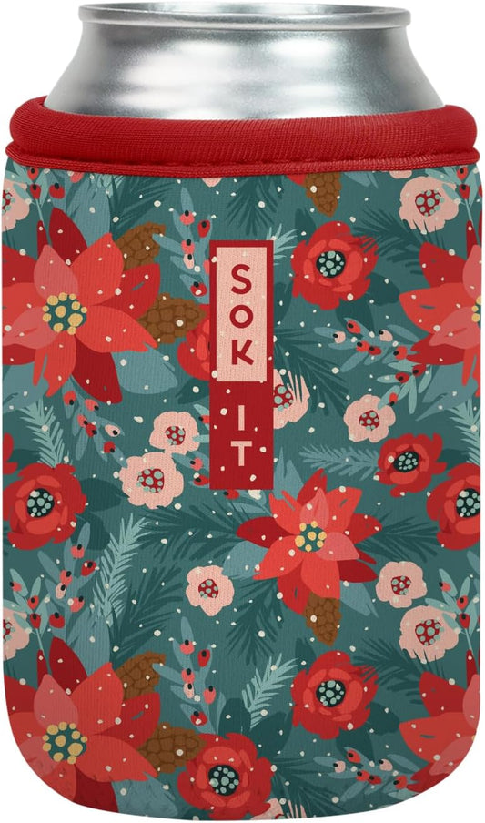 Sok It CanSok Sleeve for Beer & Soda Insulated Neoprene Cover (Pastel Poinsettias, 12oz Can Sleeve)