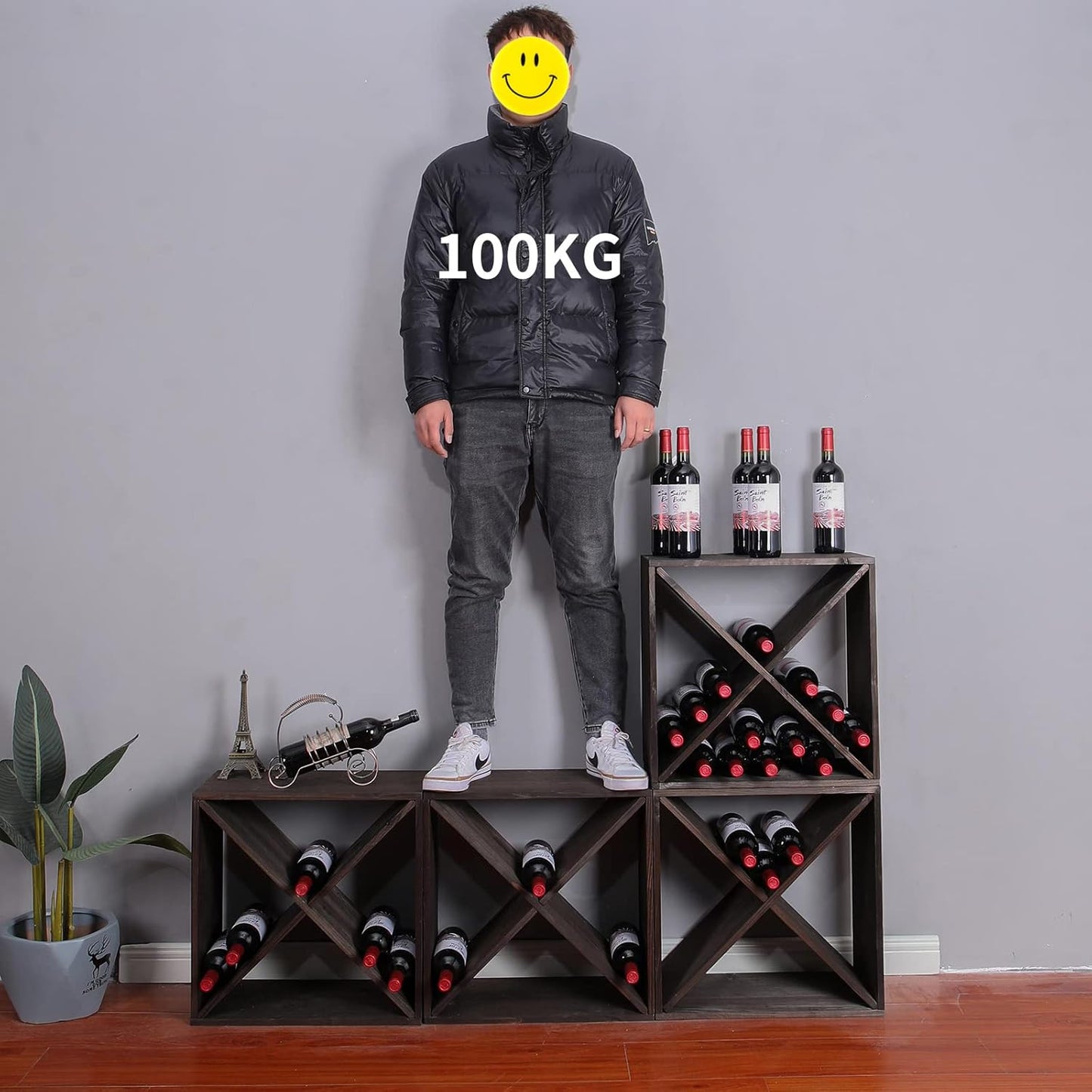 Wine Racks countertop Solid Wood Stackable Storage Rustic Retro Cube 48-Bottle Wooden Wine Rack Wine Cabinet(48BottleBlack)