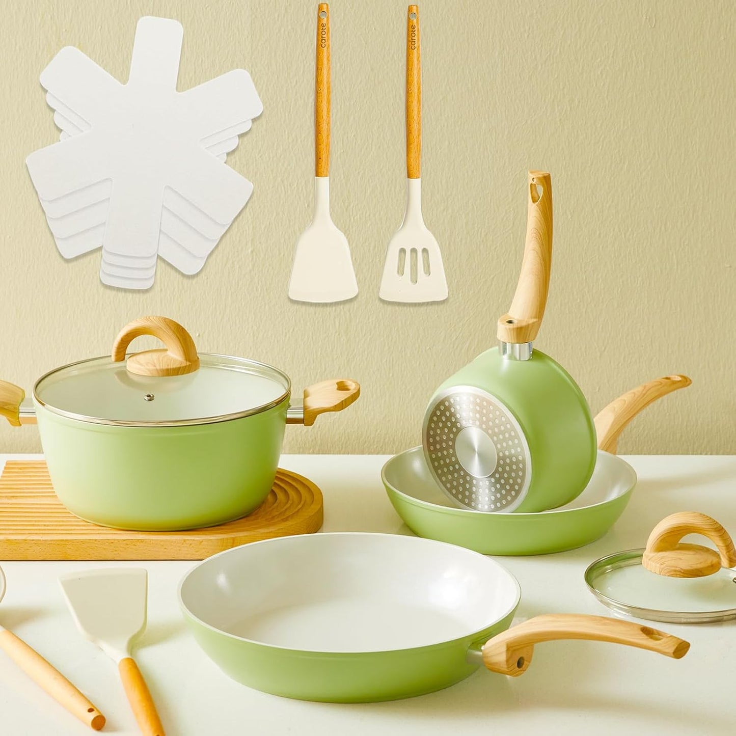 Green Non Stick Pots and Pans Set, Healthy Ceramic Cookware Set, 12pcs Kitchen Cooking Pots and Frying Sauce Saute Pans Set, PFAS-Free with Kitchen Utensils and Lid, Avocado