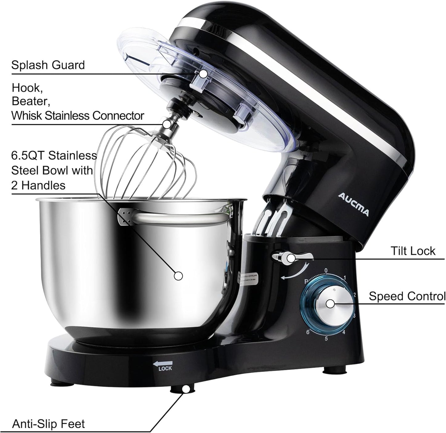 Aucma Stand Mixer,6.5-QT 660W 6-Speed Tilt-Head Food Mixer, Kitchen Electric Mixer with Dough Hook, Wire Whip & Beater (6.5QT, Black)