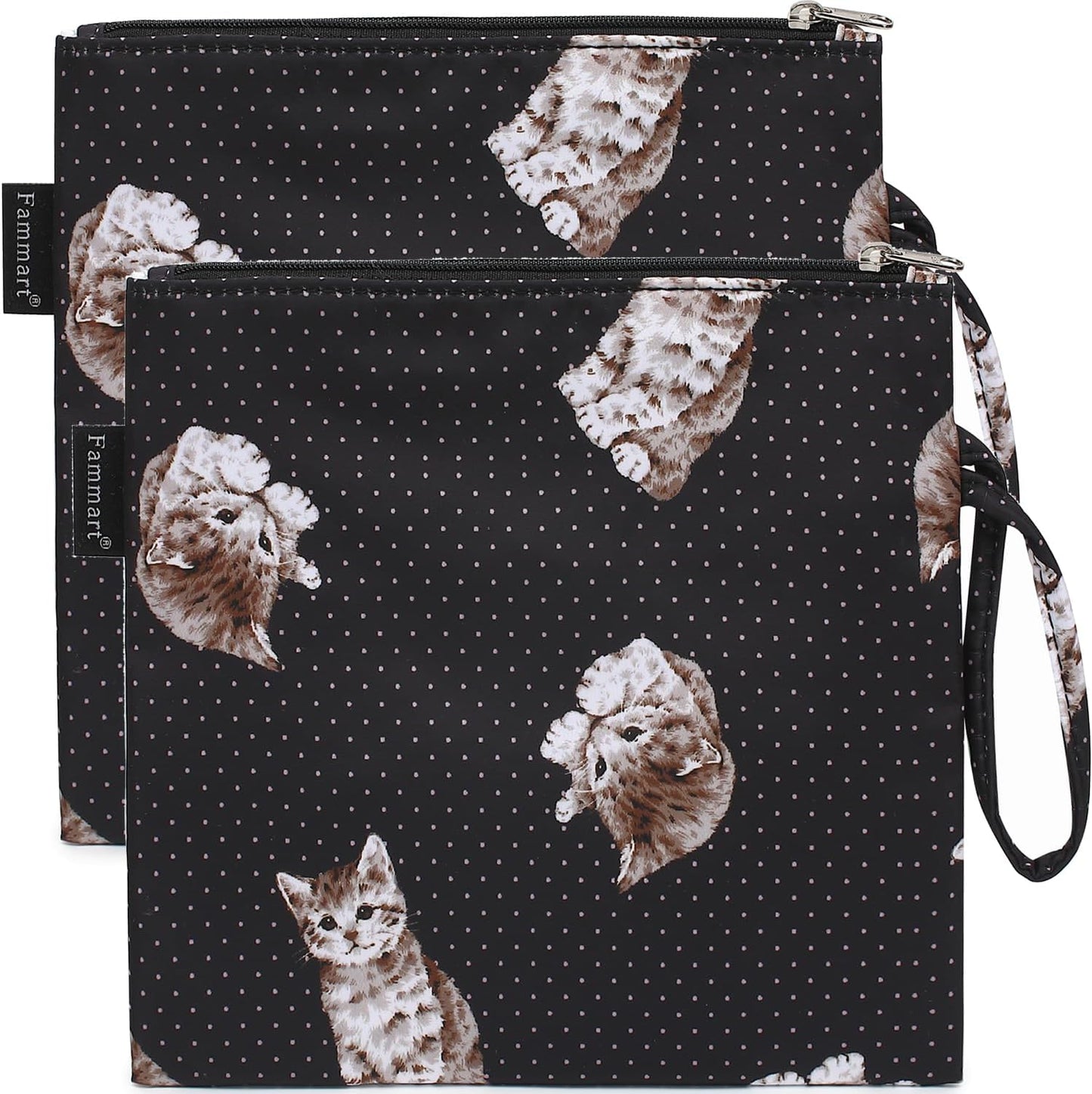 Reusable Sandwich Bag/Snack Bag for Kids & Adults, Dual Layer Lunch Bag with Handle, Washable, Food Safe, BPA Free (2-Pack, Dot&Cat)