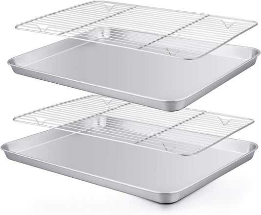 TeamFar Baking Pan with Rack Set of 4, 12.5’’ x 9.5’’ Stainless Steel Toaster Oven Baking Pan with Cooling Rack, Healthy & Non Toxic, Easy Clean& Mirror Finish, Dishwasher Safe - (2 Pans + 2 Racks)